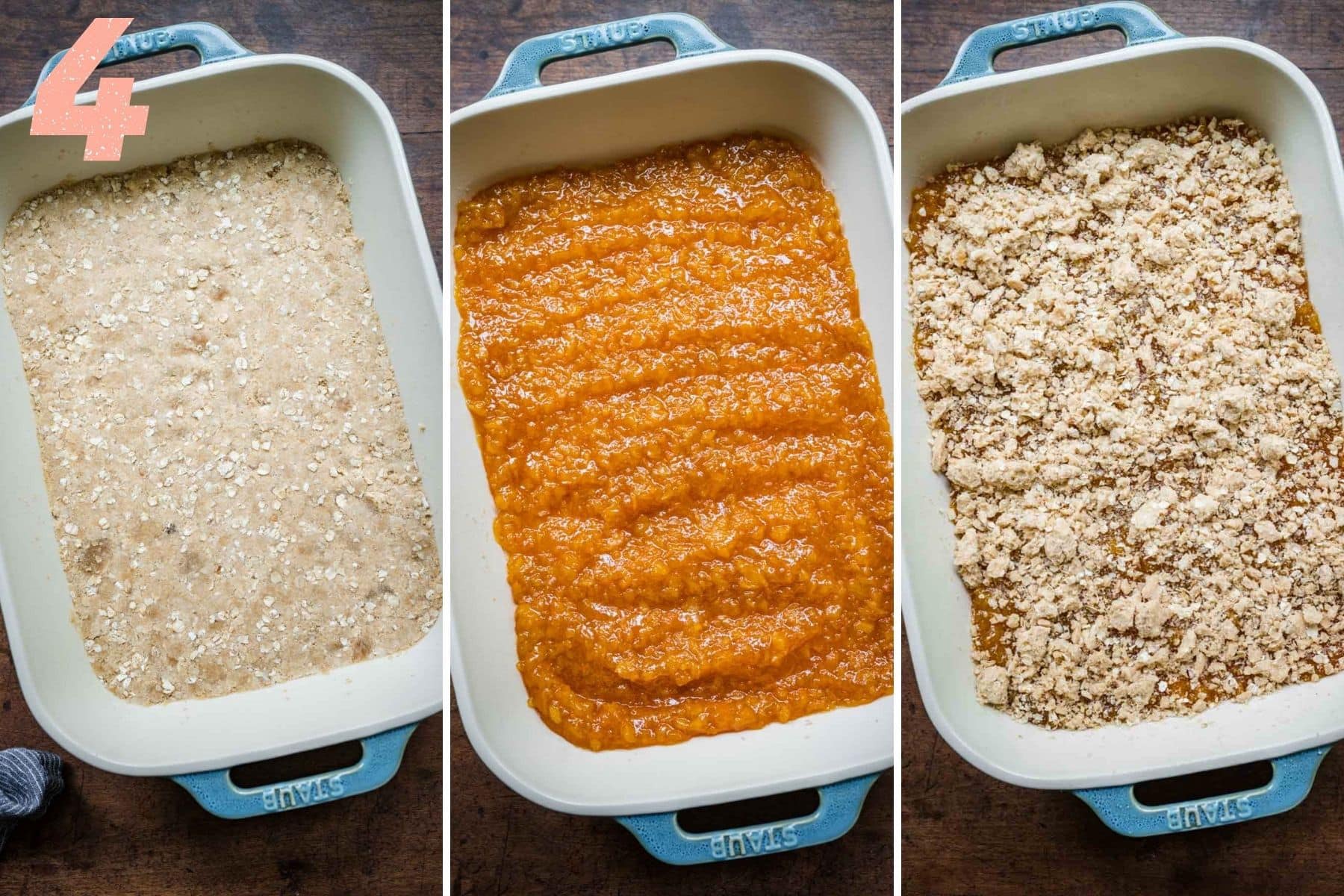 Overhead shots of adding crust, filling, and then more mixture on top before baking.