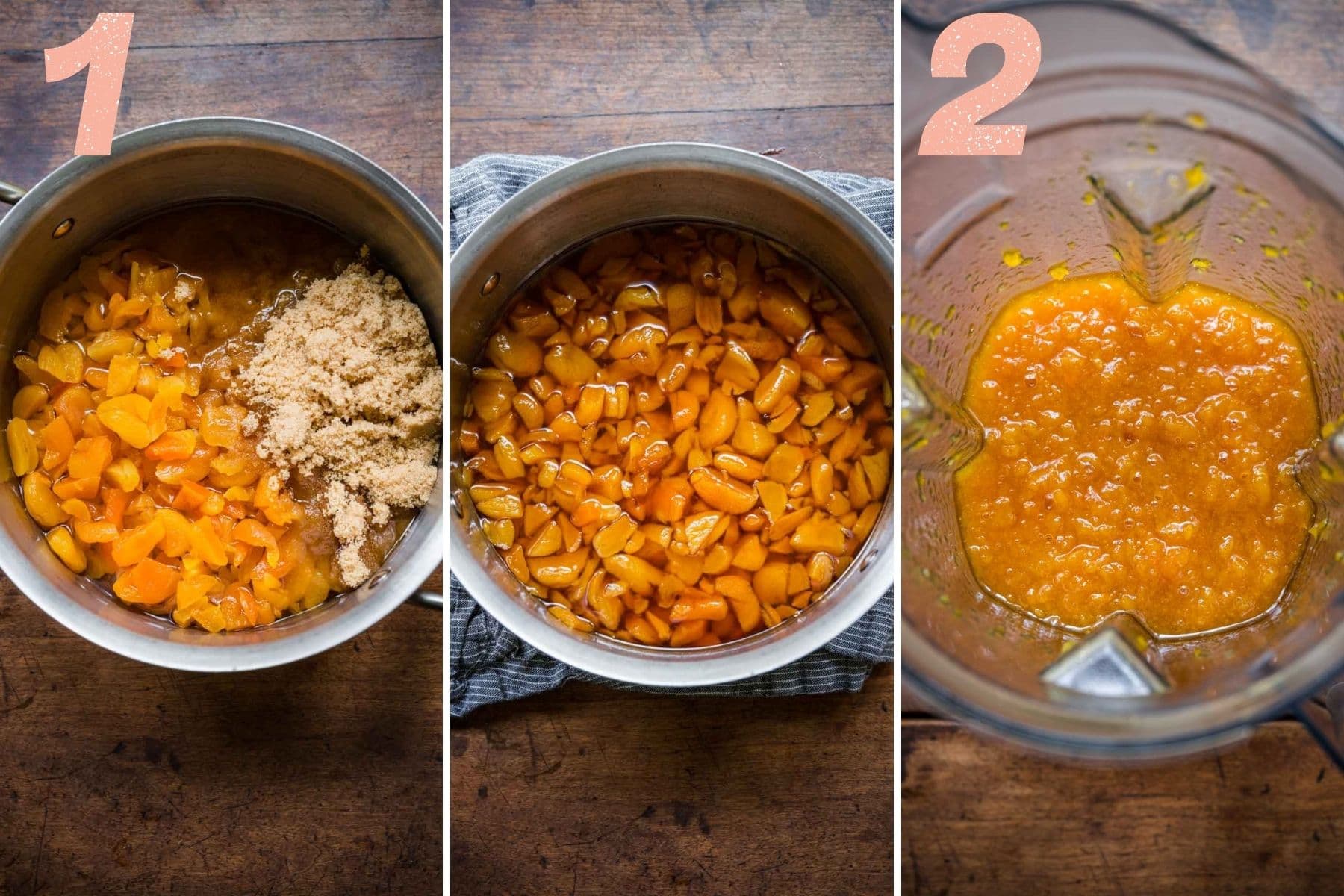 Overhead shots of apricot mixture being added to the pot and then blended up.