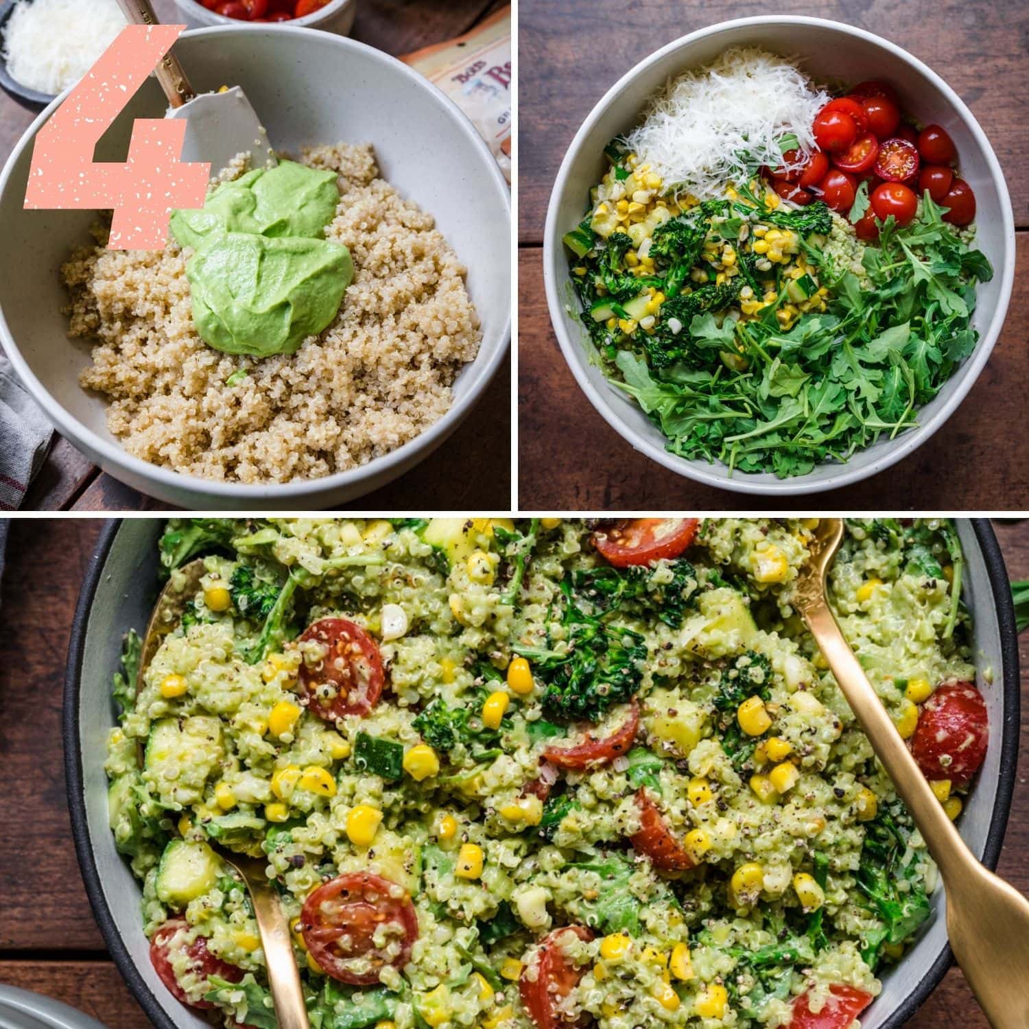 Final step with 3 pictures in one. Stir dressing into quinoa, add the rest of the ingredients to the bowl, then toss.