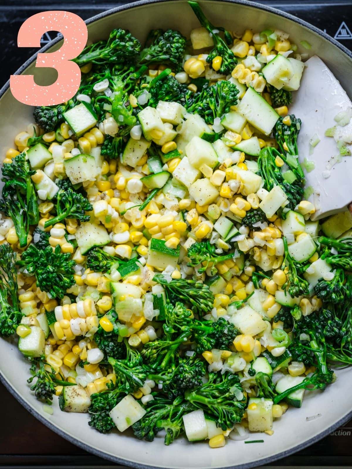 Step 3: cooking corn, zucchini, broccolini.