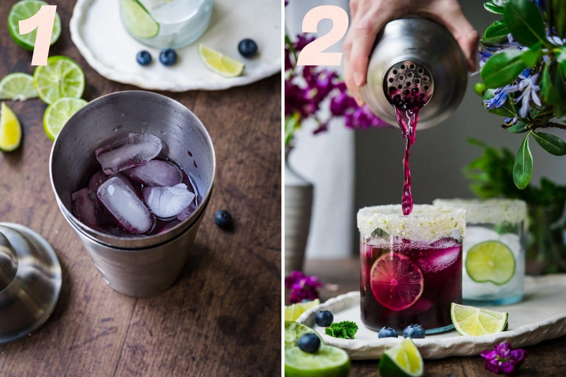 On the left: overhead view of a cocktail shaker filled with cocktail ingredients and ice. On the right: cocktail being poured into a glass.