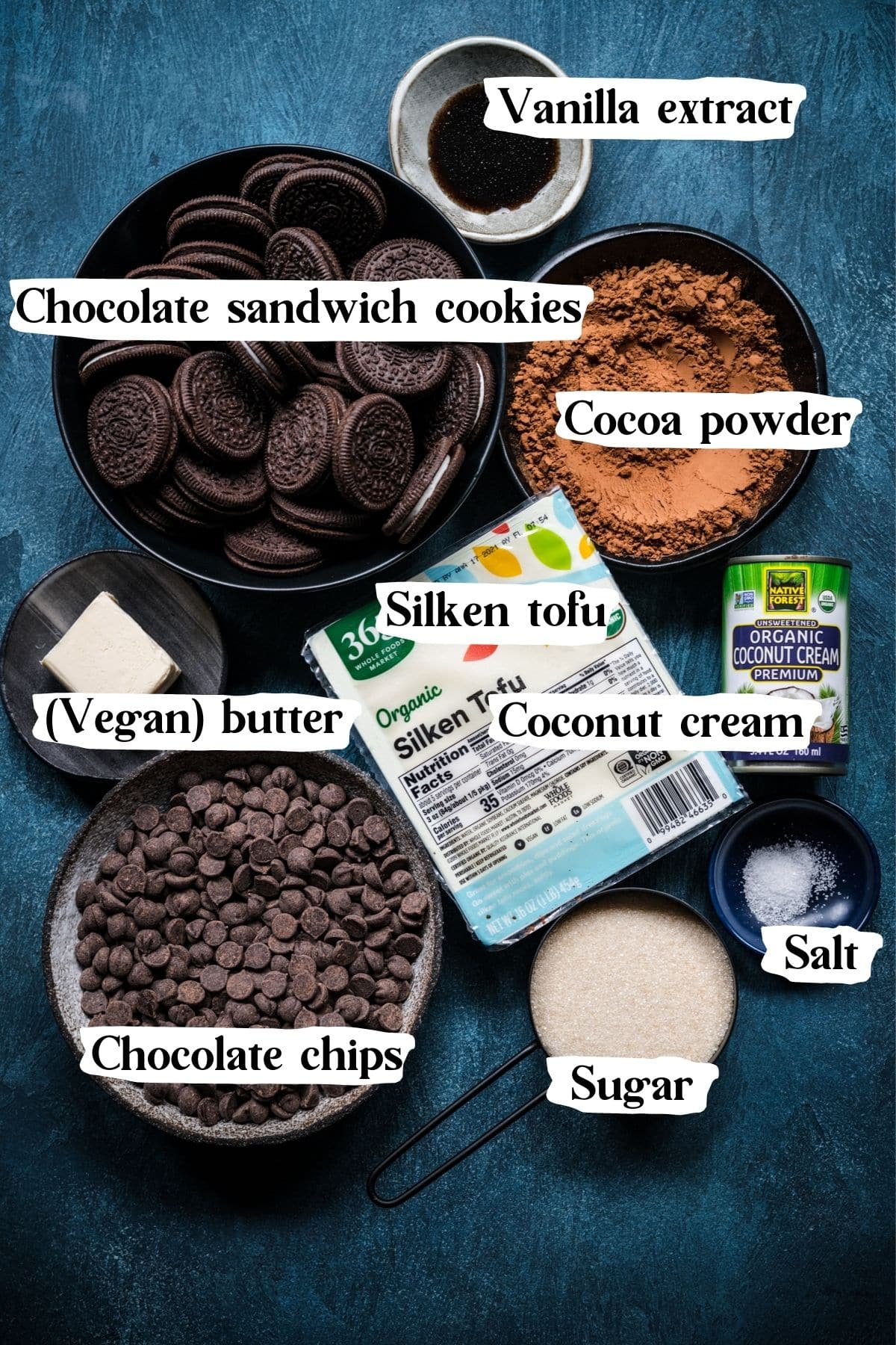 Overhead view of all ingredients for the vegan chocolate pie.