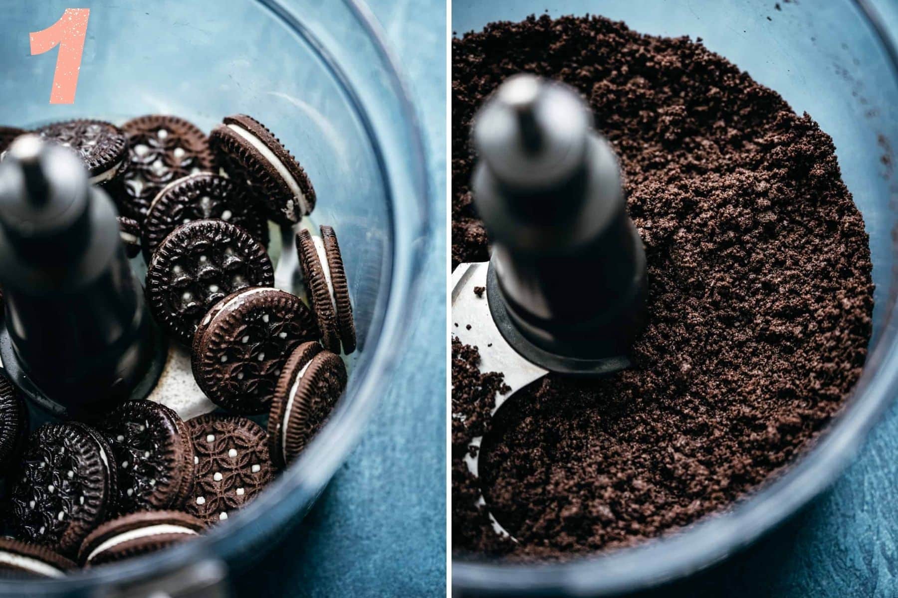 On the left: cookies in food processor before being blended up. On the right: cookies after blending.