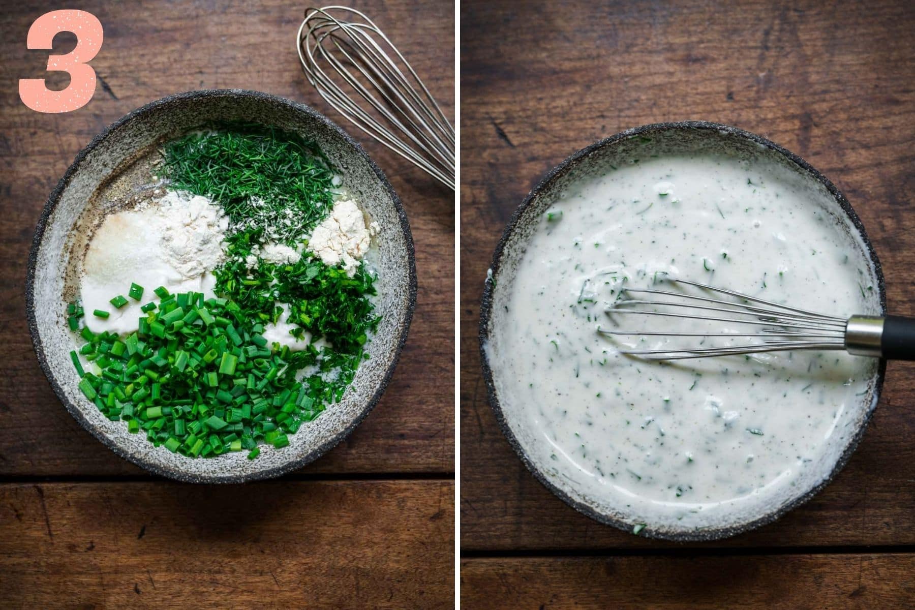 Overhead view of dressing ingredients being whisked together.