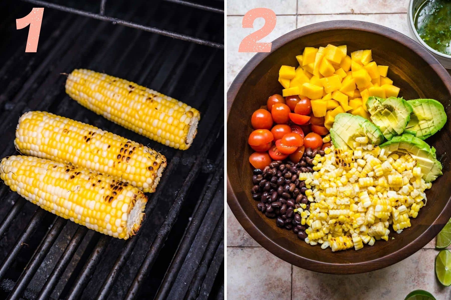 on the left: corn on the grill. on the right: black bean mango salad ingredients in bowl before mixing.