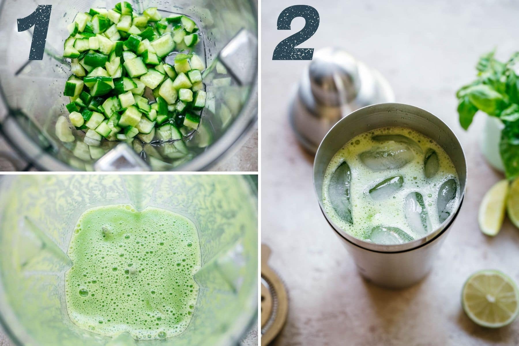 On the left: cucumber added to a blender and then after blending. On the right: Cocktail strainer full of ice, blended cucumber, and the rest of the cocktail ingredients.