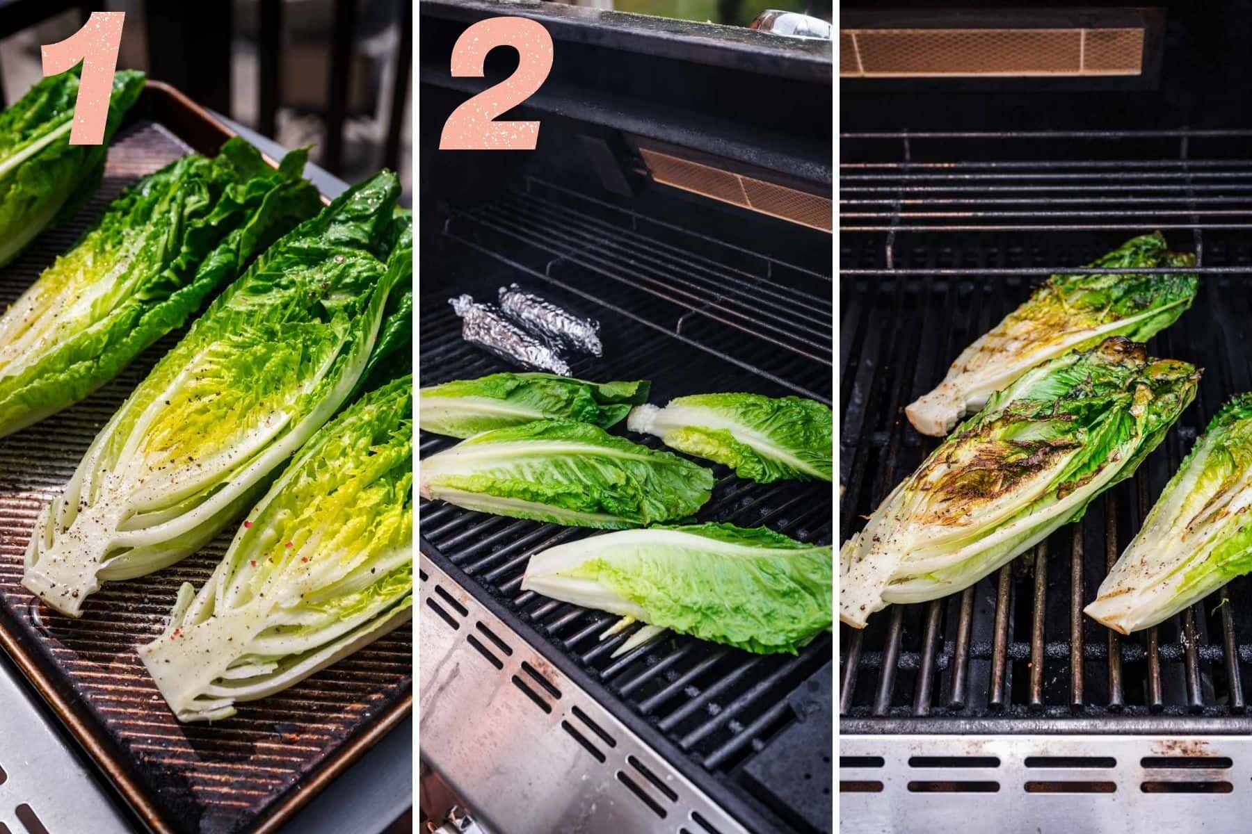 Romaine being prepped and then placed on the grill alongside corn.