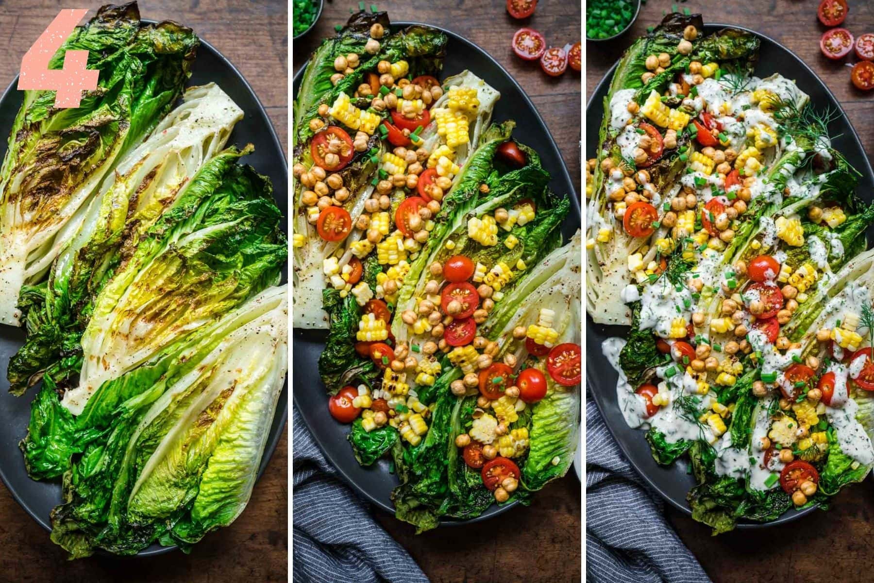 Overhead view of grilled romaine leaves plain, then with toppings, then with ranch dressing added.