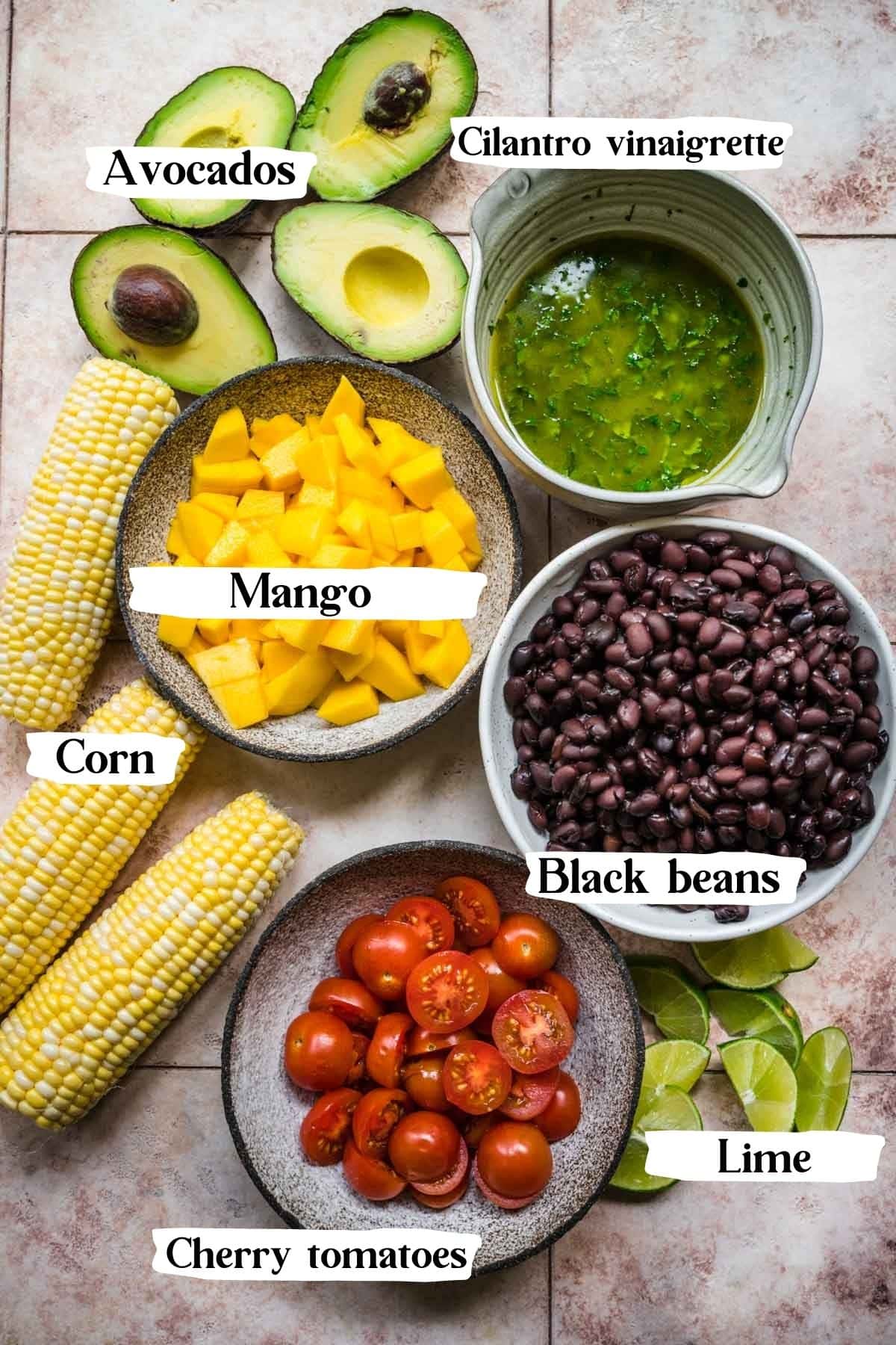 overhead view of ingredients for black bean mango salad. 