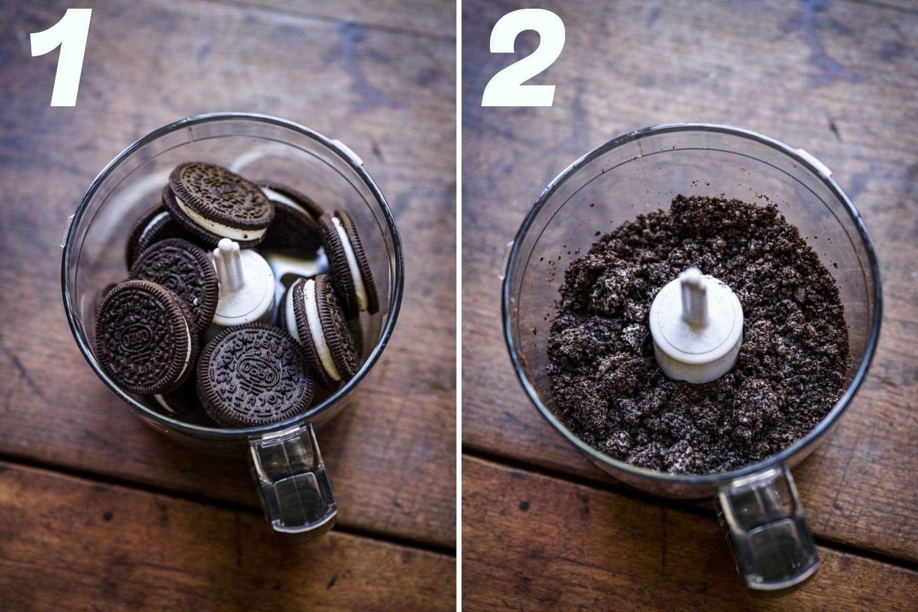 On the left: sandwich cookies in a food processor. On the right: cookies after blending in food processor.