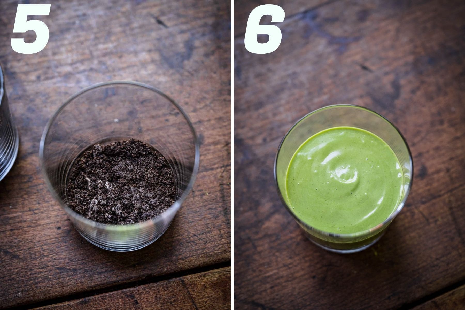 On the left: sandwich cookie crust at the bottom of a small glass jar. On the right: cheesecake mixture after it's poured on top of the crust.