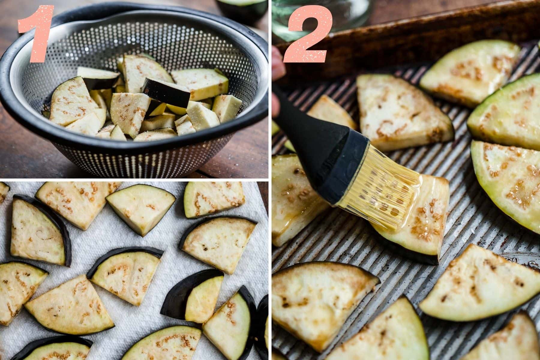 On the left: eggplant in a colander after salting. On the right: eggplant being brushed with sesame oil.