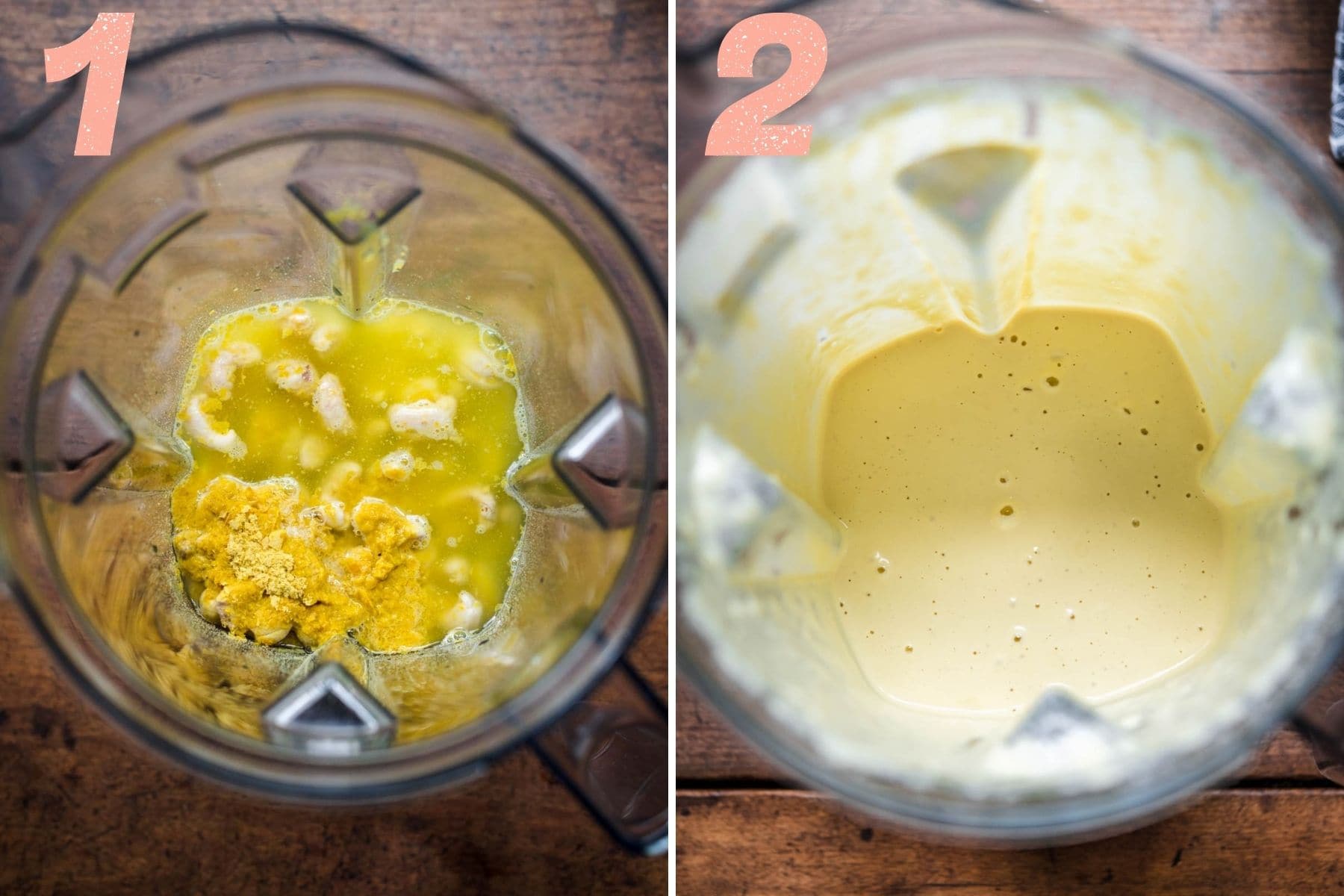 On the left: alfredo sauce ingredients in a blender. On the right: alfredo sauce after being blended.