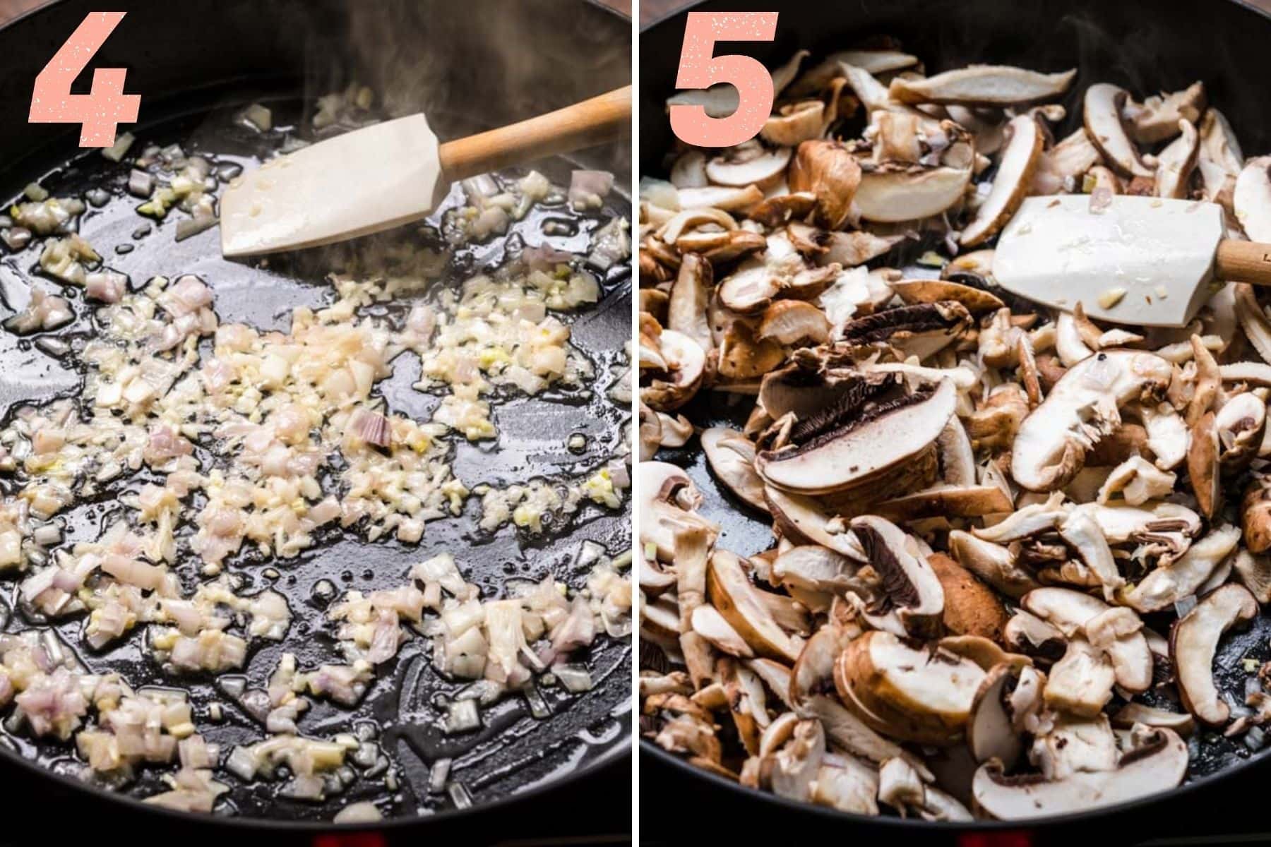 On the left: shallots and garlic cooking in a pan. On the right: mushrooms cooking in a pan.