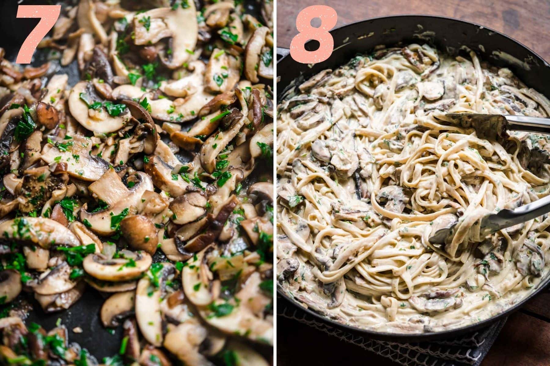 On the left: mushrooms and garlic and shallots after being added back to the pan. On the right: pasta and mushrooms tossed in the sauce.