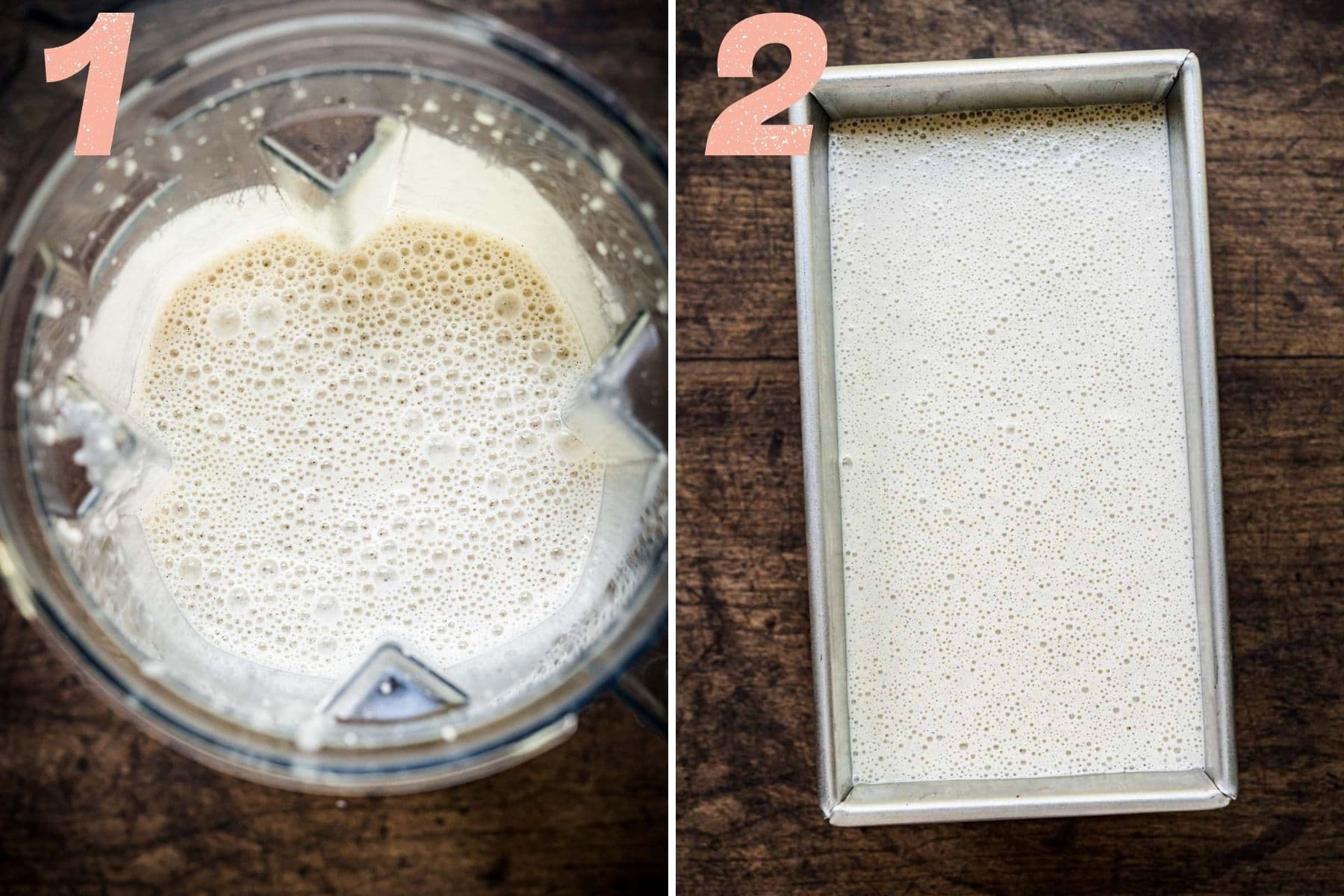 On the left: ingredients in blender after blending. On the right: blended mixture in a pan before freezing.