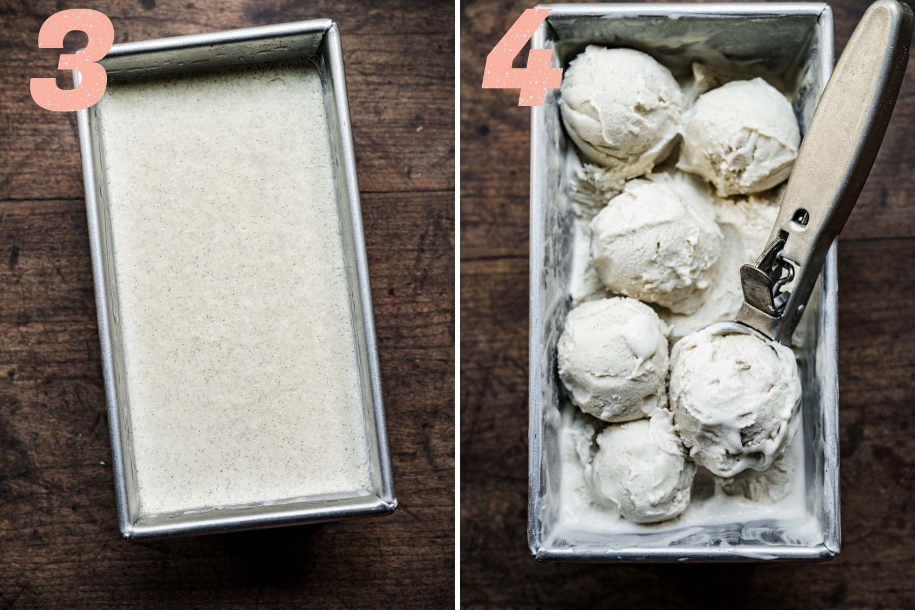 On the left: ice cream in pan after freezing. On the right: Ice cream balled into scoops in the pan.