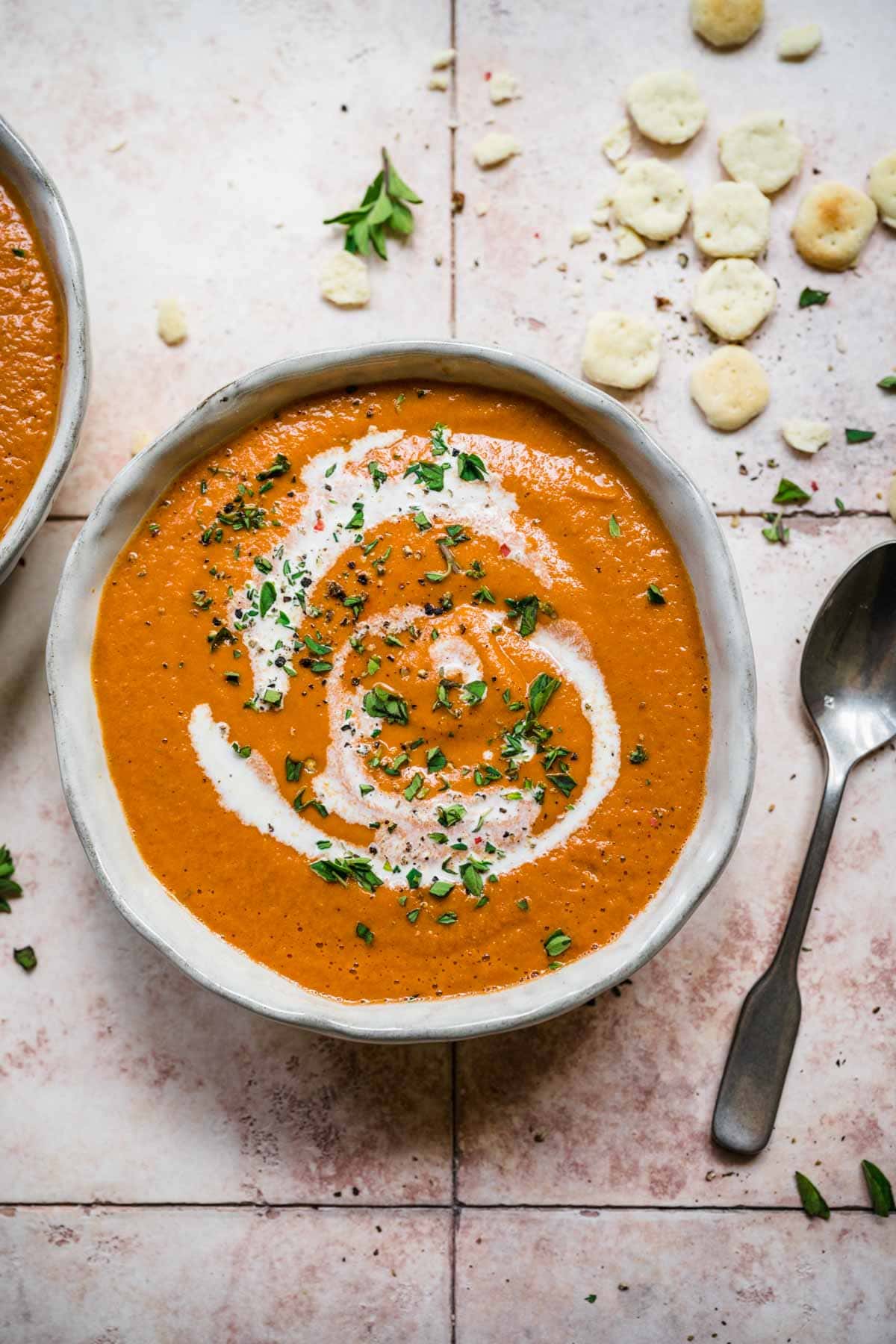 Overhead shot of soup in a bowl, garnished with crackers, spices, and a swirl of cream.