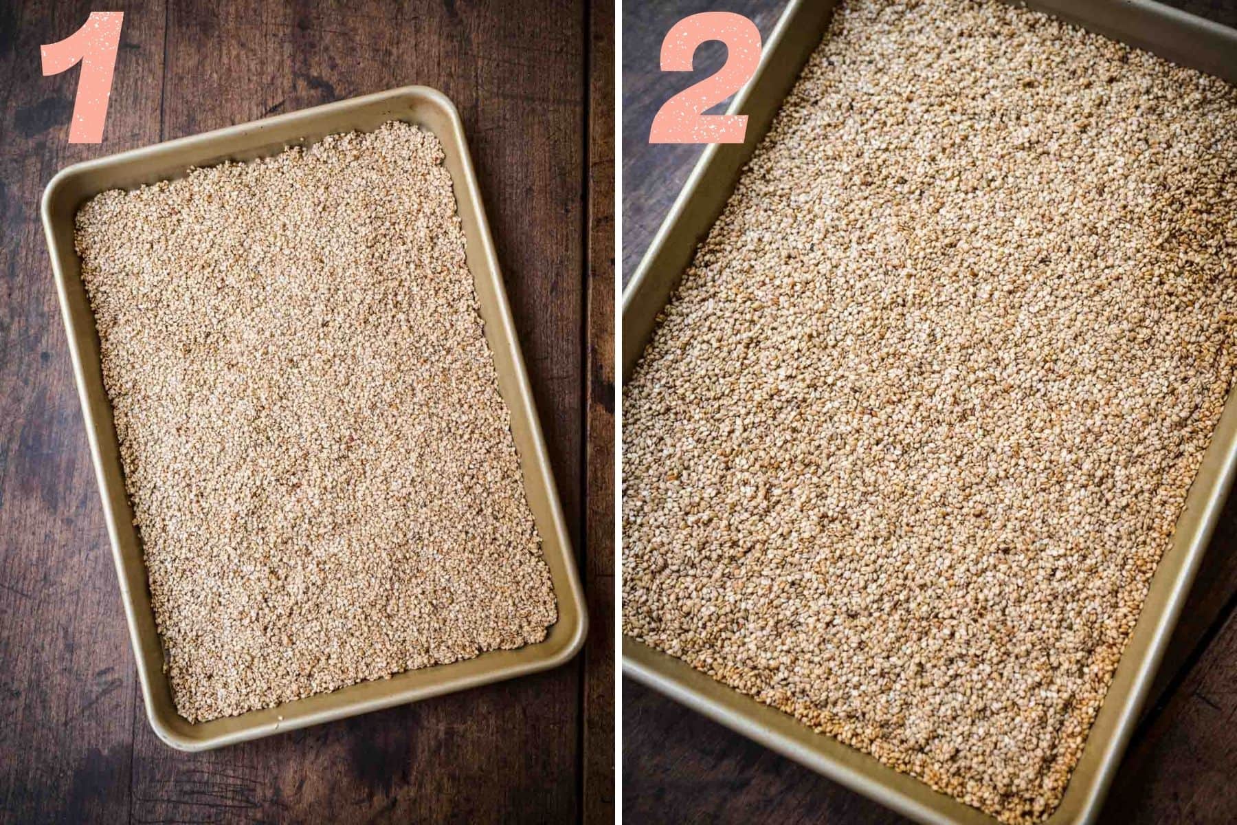 On the left: sesame seeds on a tray. On the right: sesame seeds after baking.