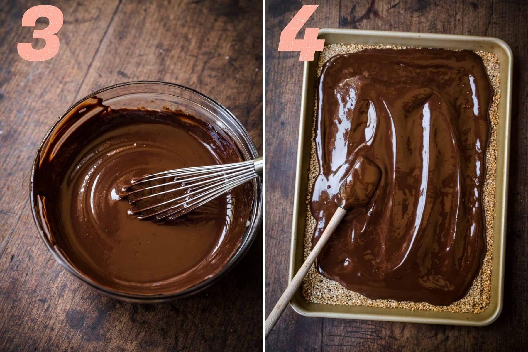 On the left: chocolate melted and mixed. On the right: chocolate being smeared on top of the sesame seeds.