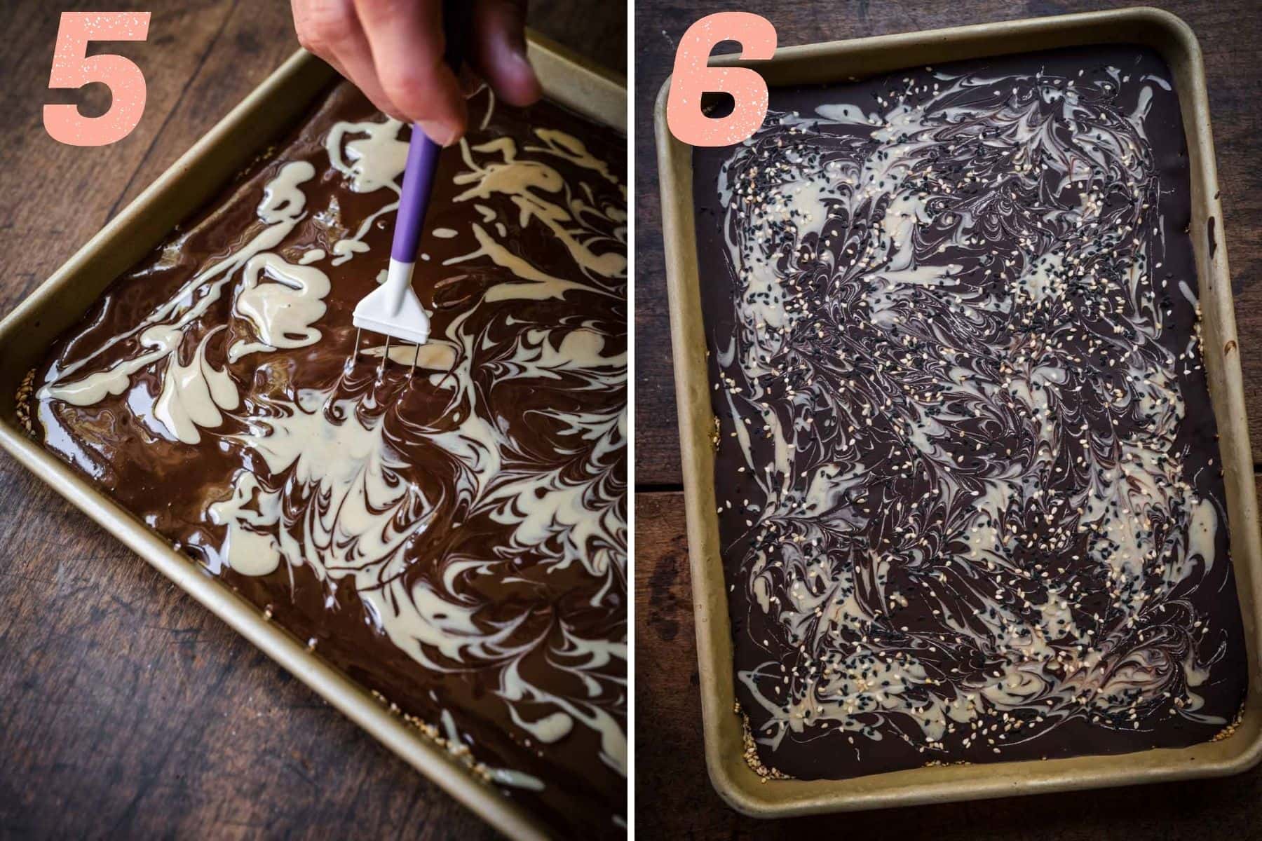 On the left: tahini added on top and being swirled around. On the right: bark after it comes out of the freezer.