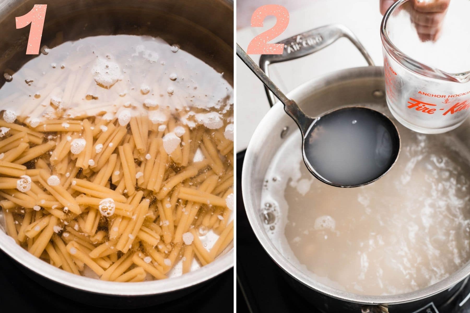 On the left: pasta cooking in water. On the right: removing a ladleful of pasta water from the pot.