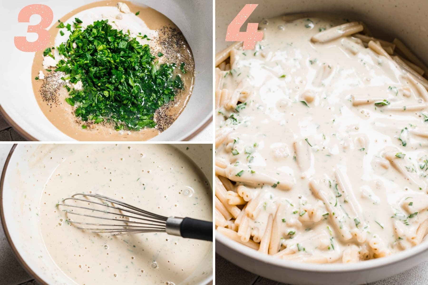 On the left: sauce ingredients before and after whisking. On the right: paste before being tossed in the sauce.