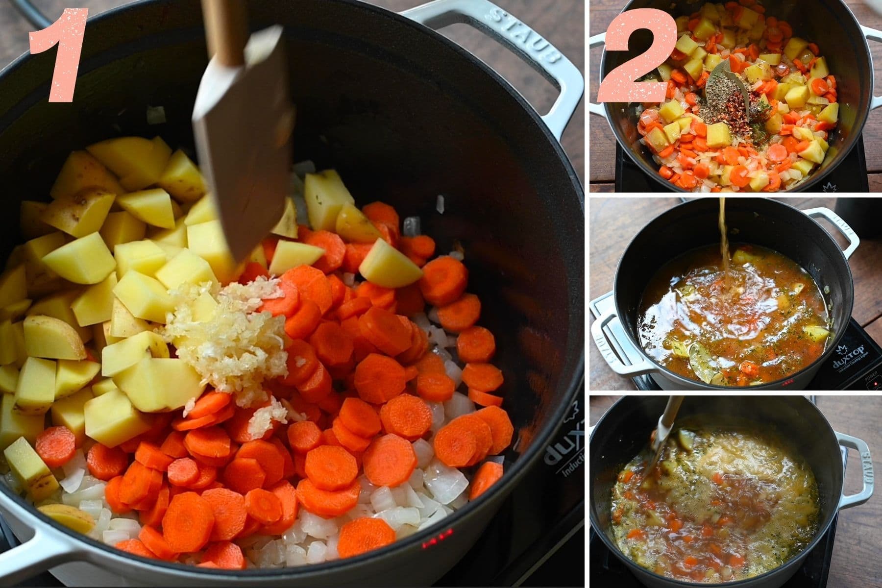 On the left: all the veggies added to the pot. On the right: spices, then broth being added and brought to a boil