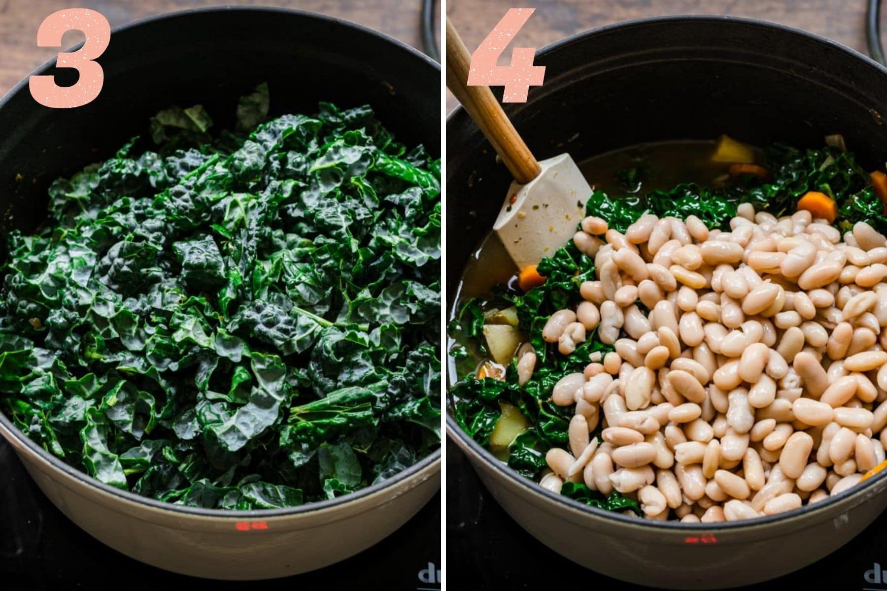 On the left: kale added to pot. On the right: cannellini beans added to pot.