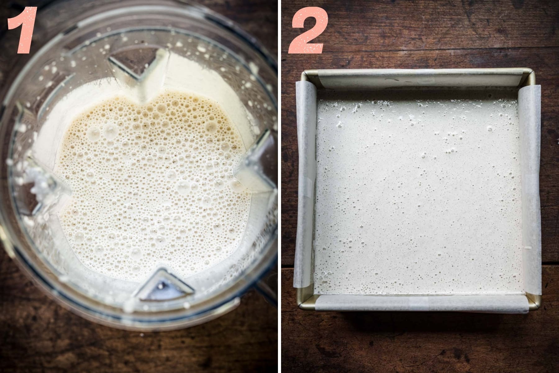 before and after pouring vegan no churn ice cream base from blender into pan. 