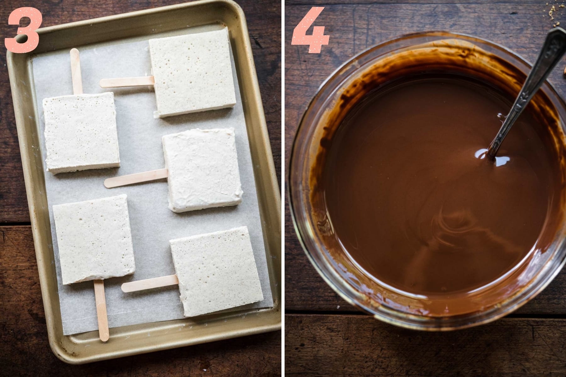 on the left: vegan ice cream on popsicle sticks. on the right: melted chocolate in bowl. 