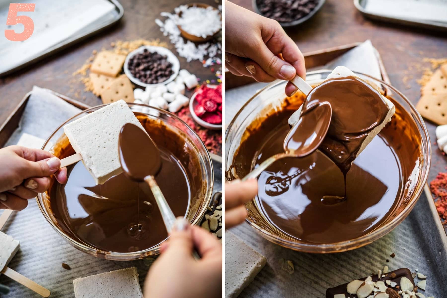 spooning melted chocolate on vegan ice cream bars. 