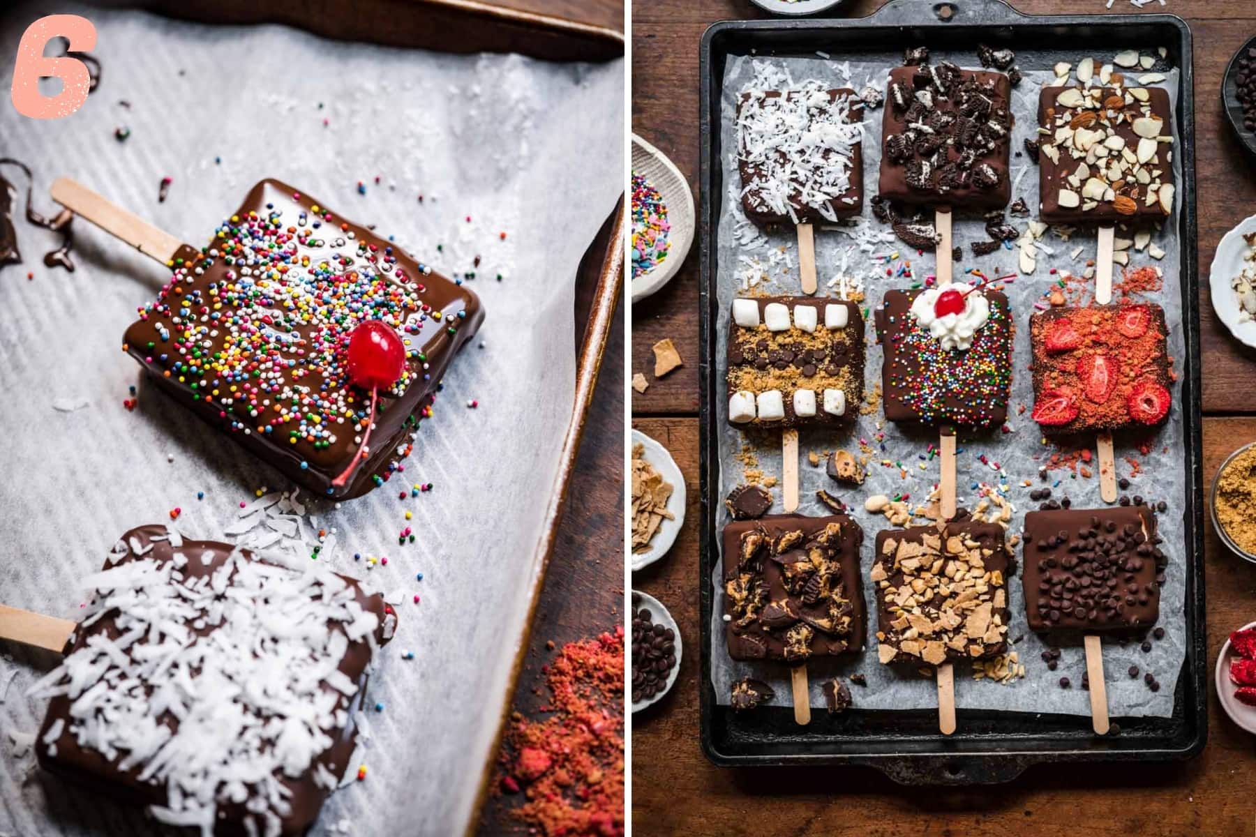 vegan ice cream bars with toppings on parchment paper. 