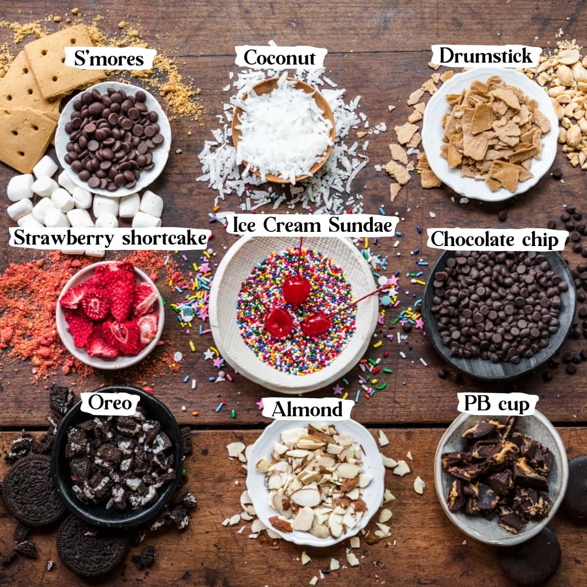 overhead view of various topping combinations for vegan ice cream bars. 