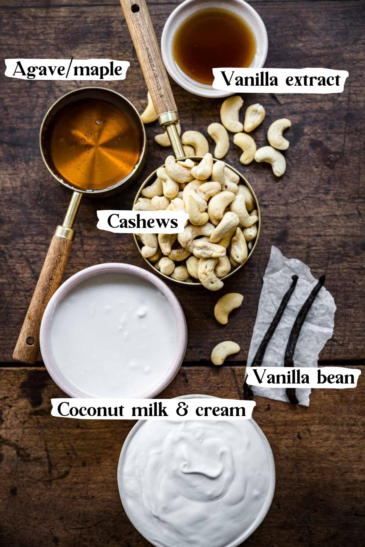 overhead view of ingredients for no churn vegan vanilla ice cream. 