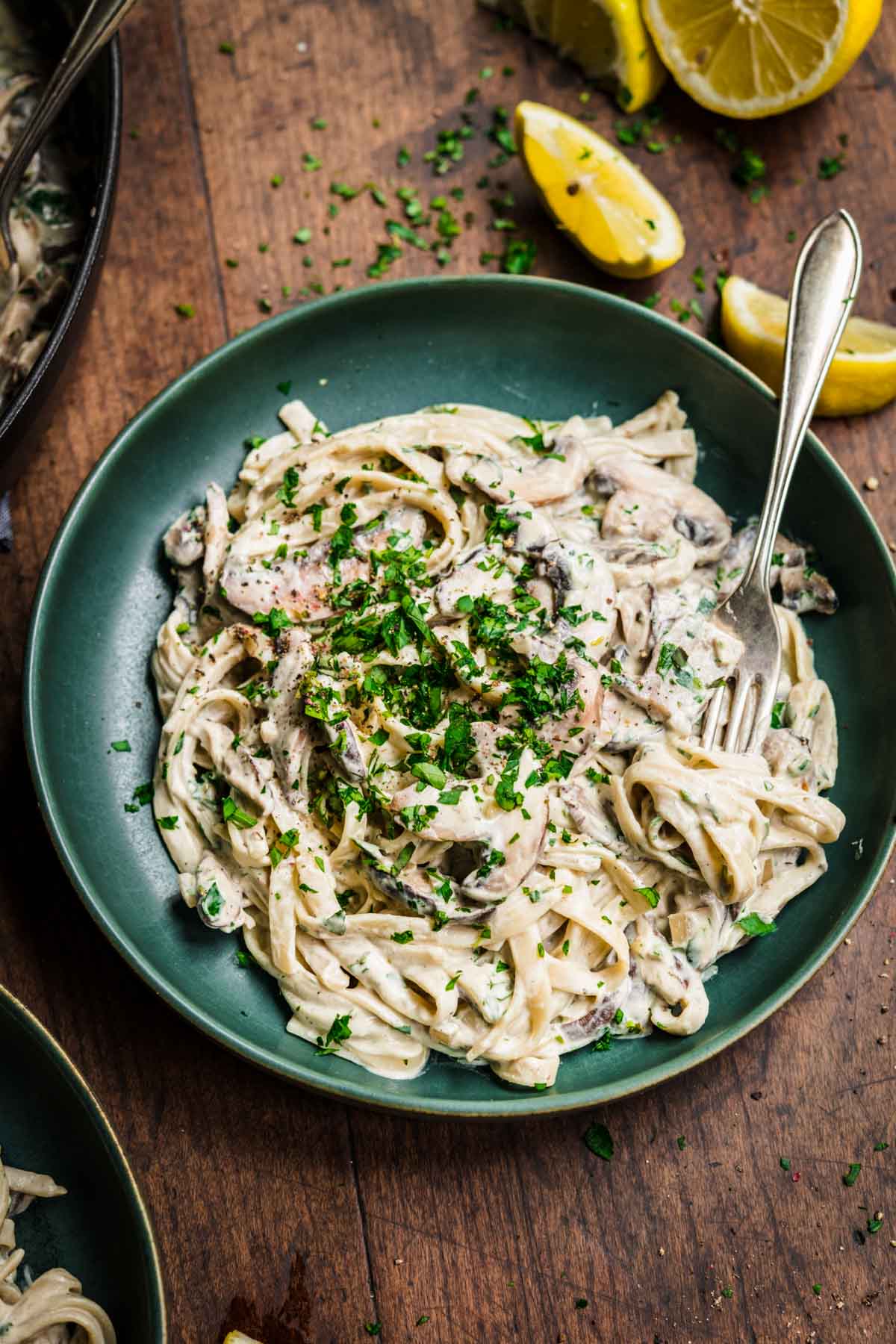 Overhead view of a plate of mushroom alfredo on a plate garnished with parsley.