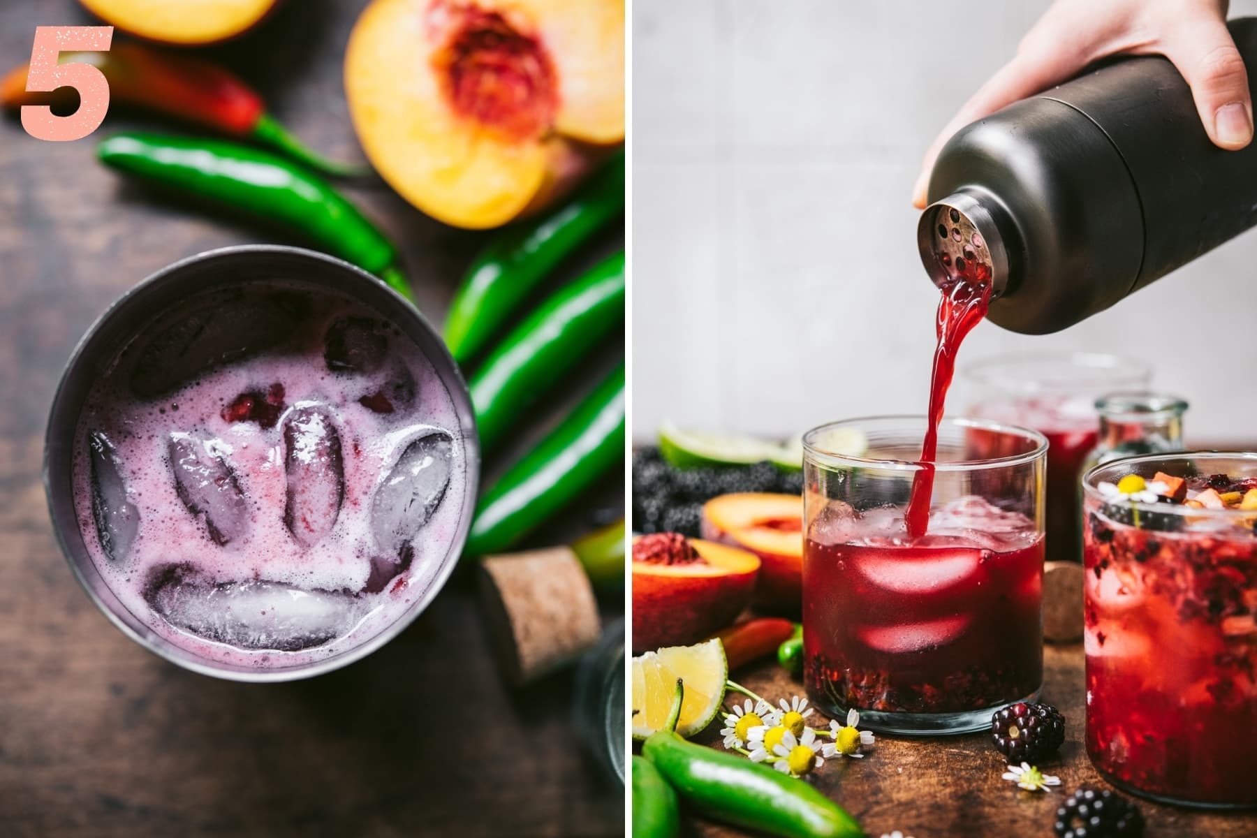 blackberry peach tequila cocktail in cocktail shaker and pouring into glass. 