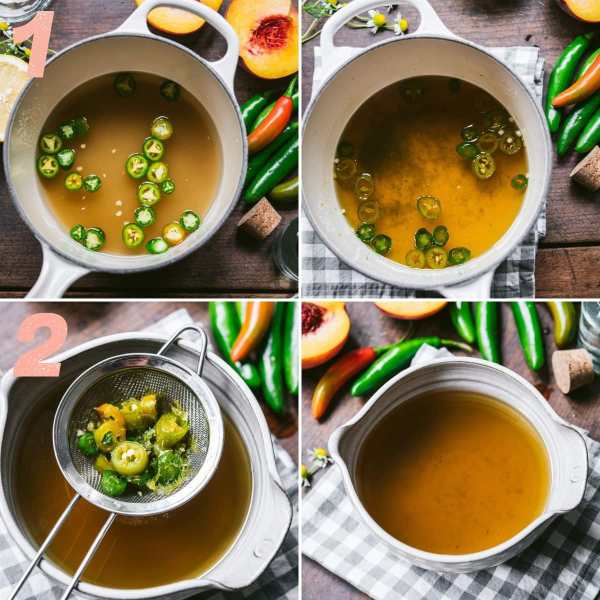 4 photos showing how to make serrano pepper infused simple syrup. 