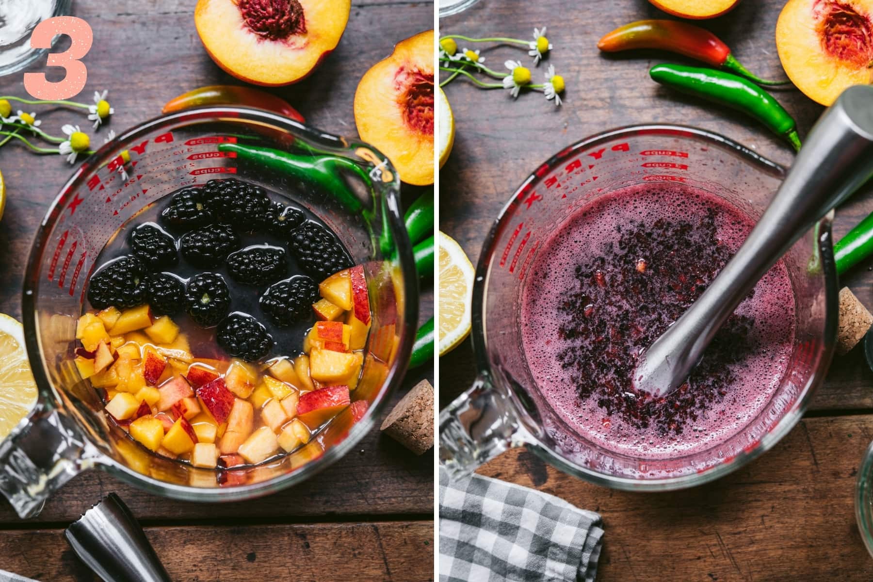 before and after muddling blackberries and peaches. 