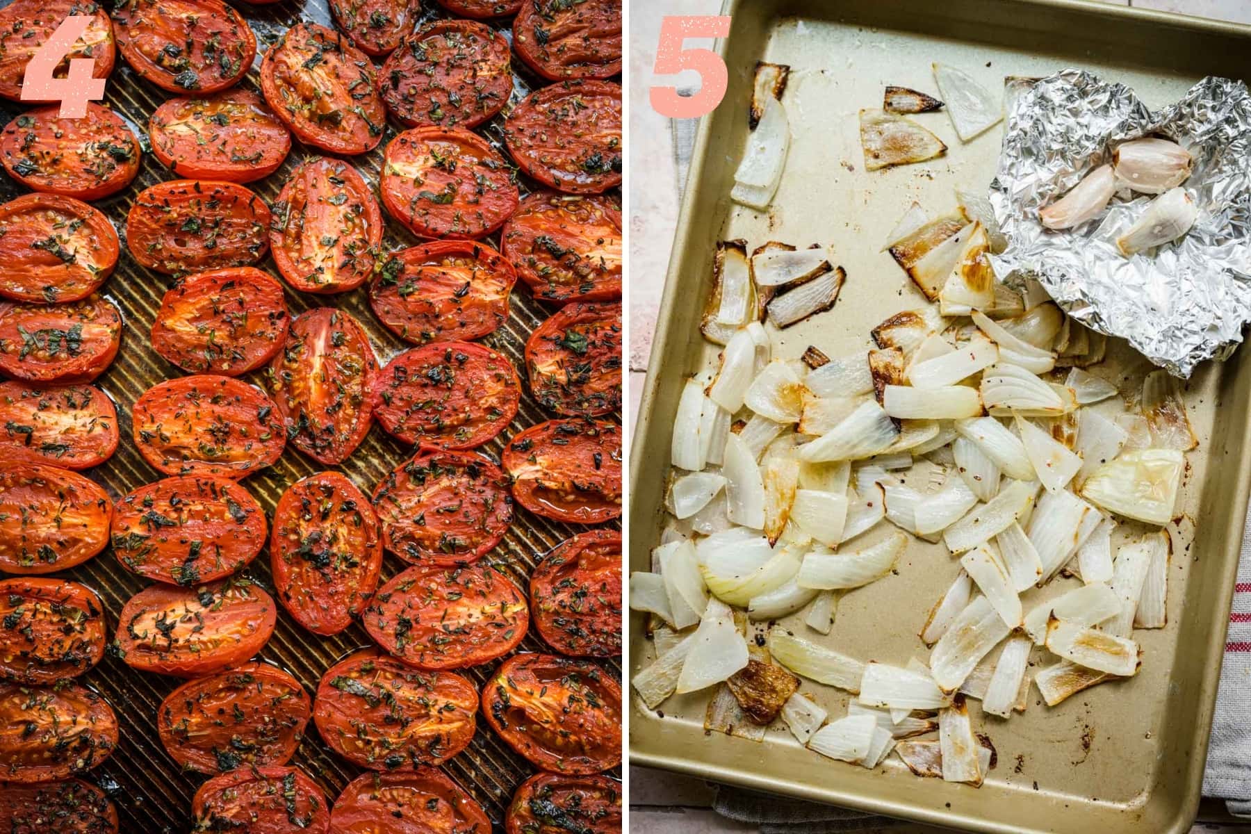 on the left: roasted tomatoes on sheet pan. on the right: roasted onions and garlic on sheet pan.