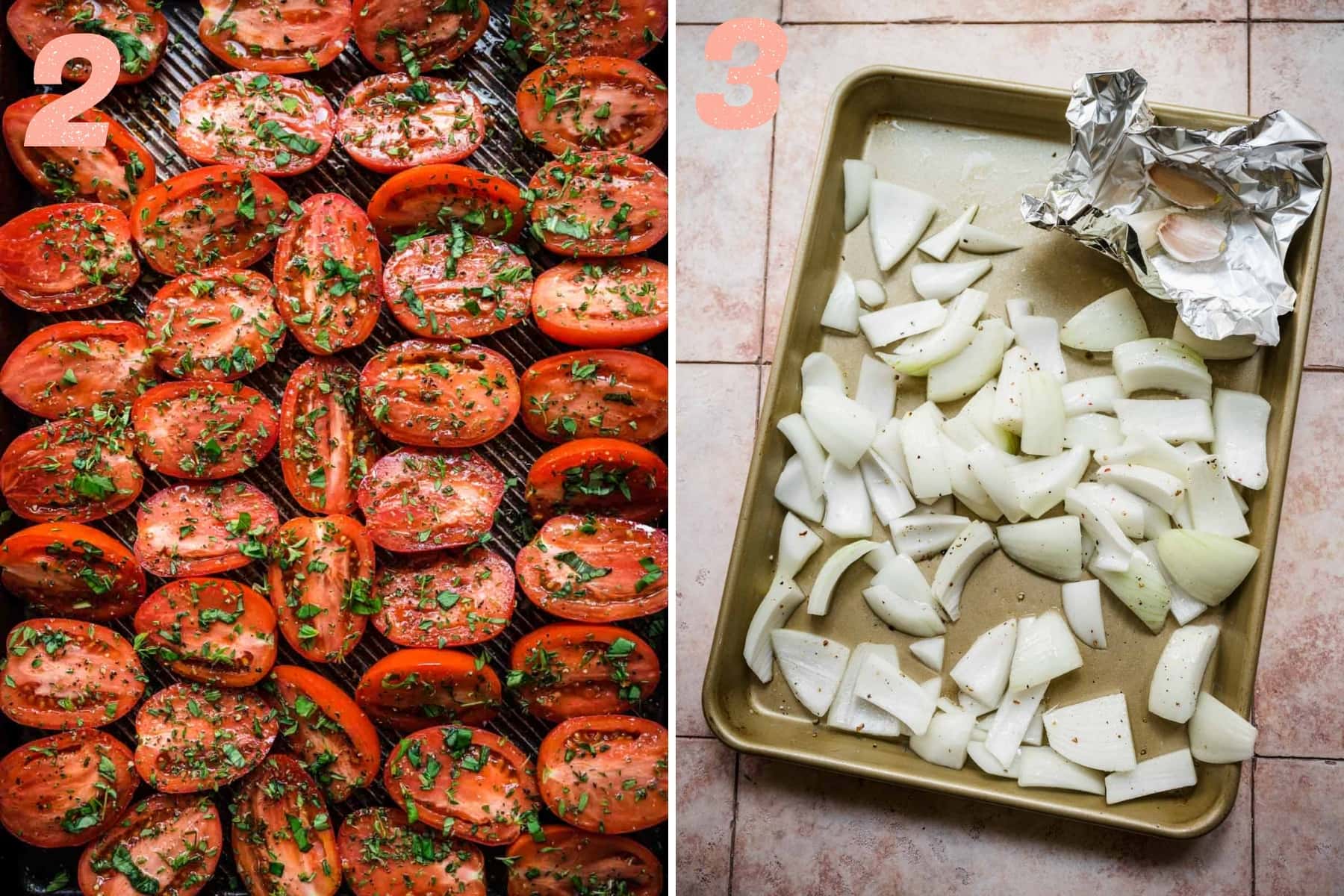 on the left: tomatoes on sheet pan before roasting. on the right: onions and garlic on sheet pan before roasting.