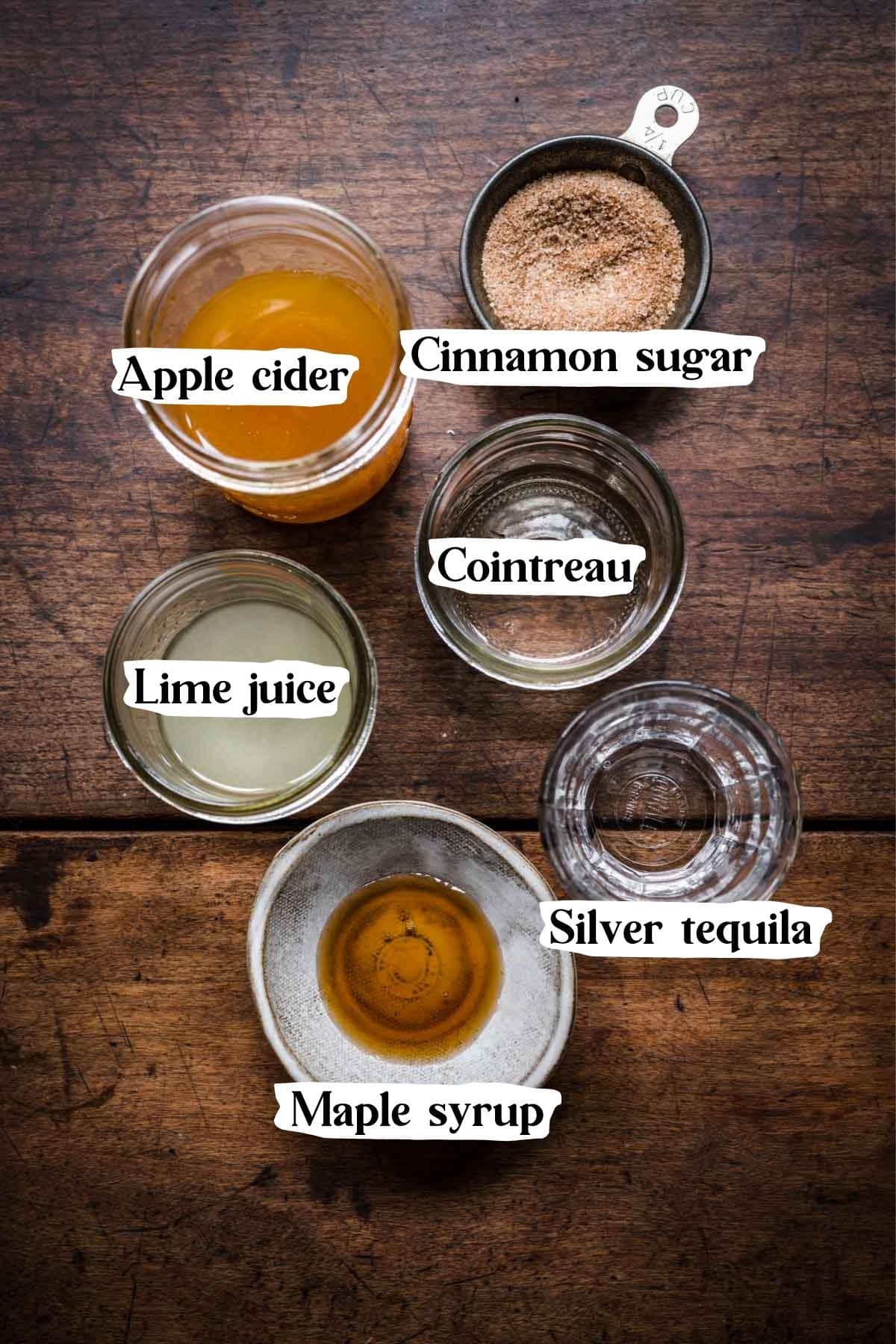 Overhead view of apple cider margarita ingredients.