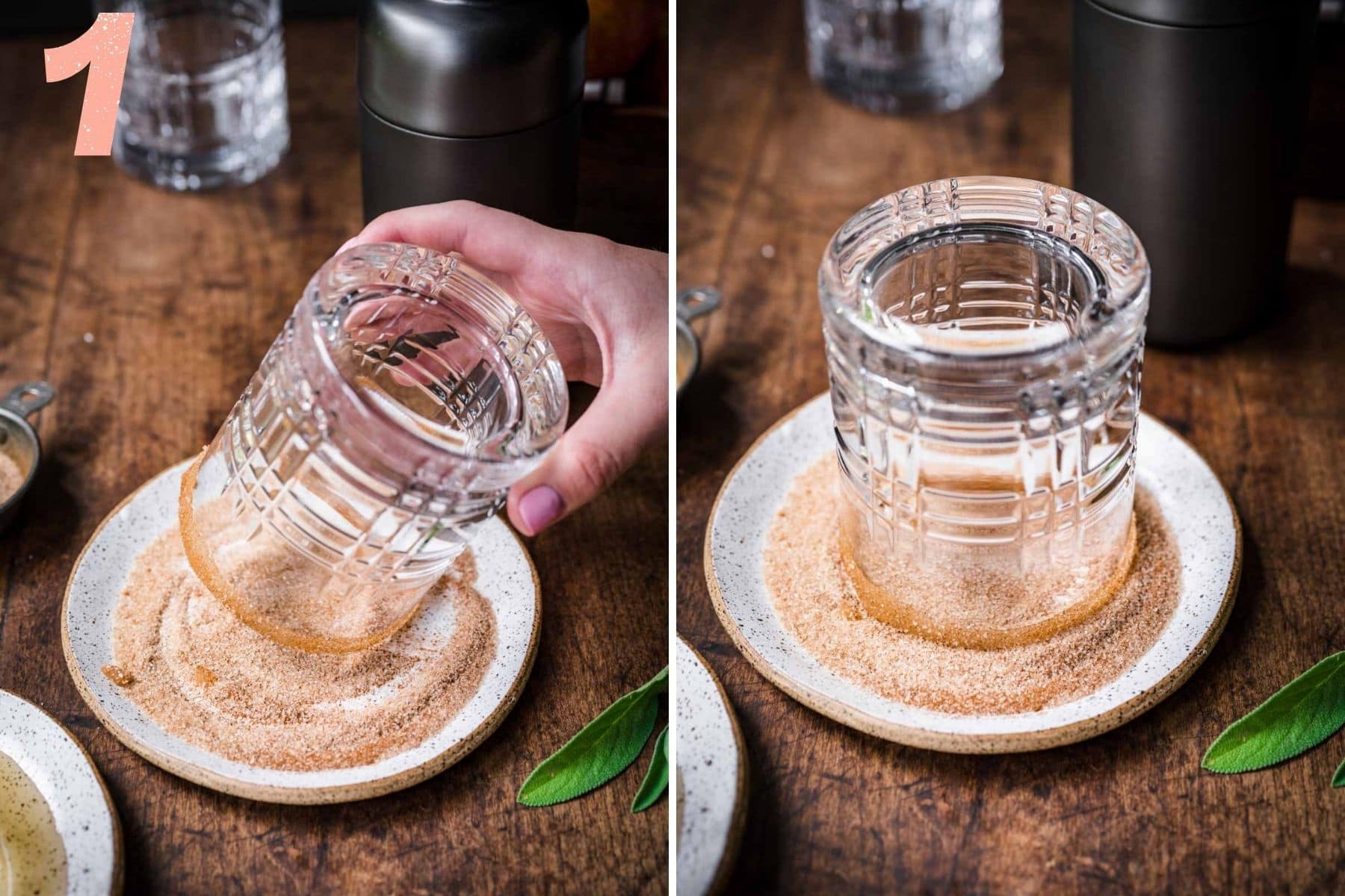 Dipping glass into cinnamon sugar rim.