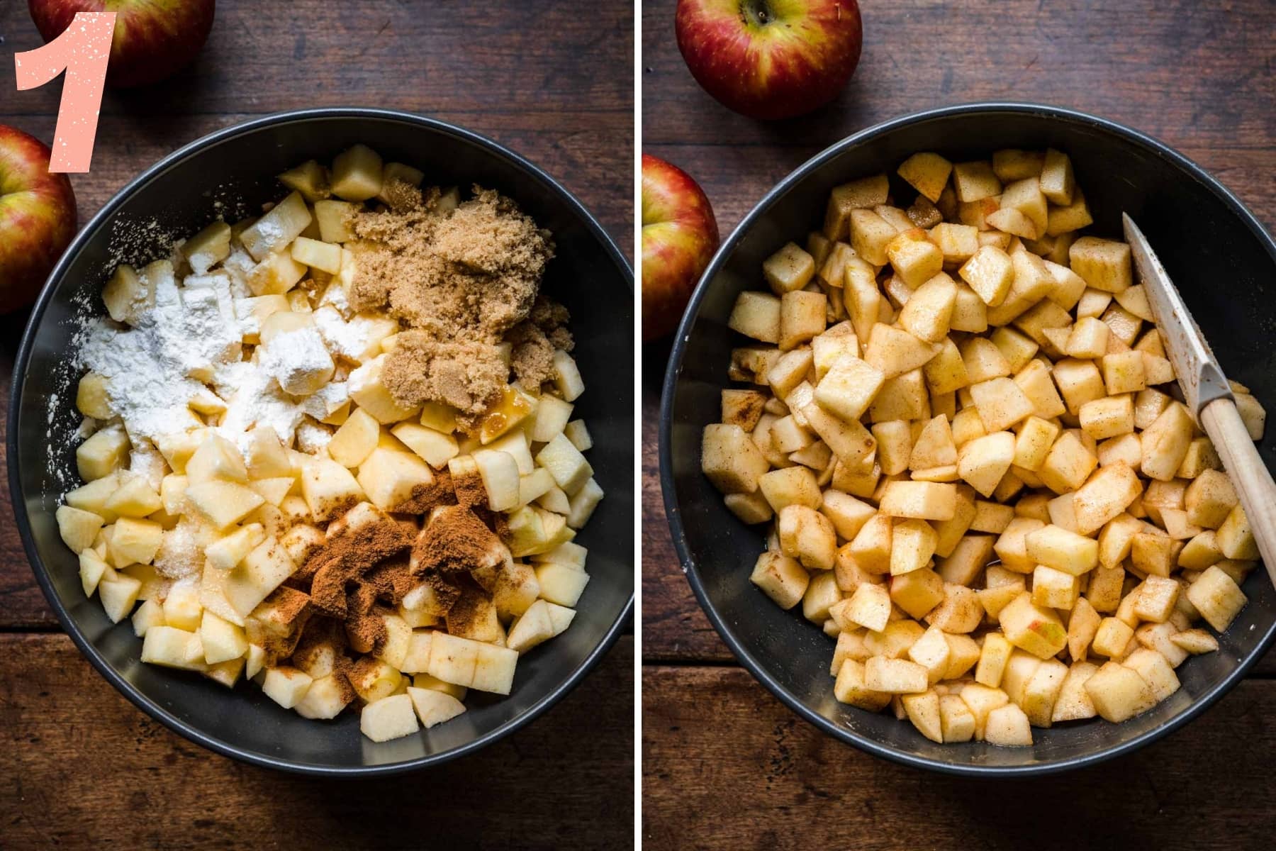 before and after stirring together ingredients for vegan apple crisp filling in black mixing bowl.