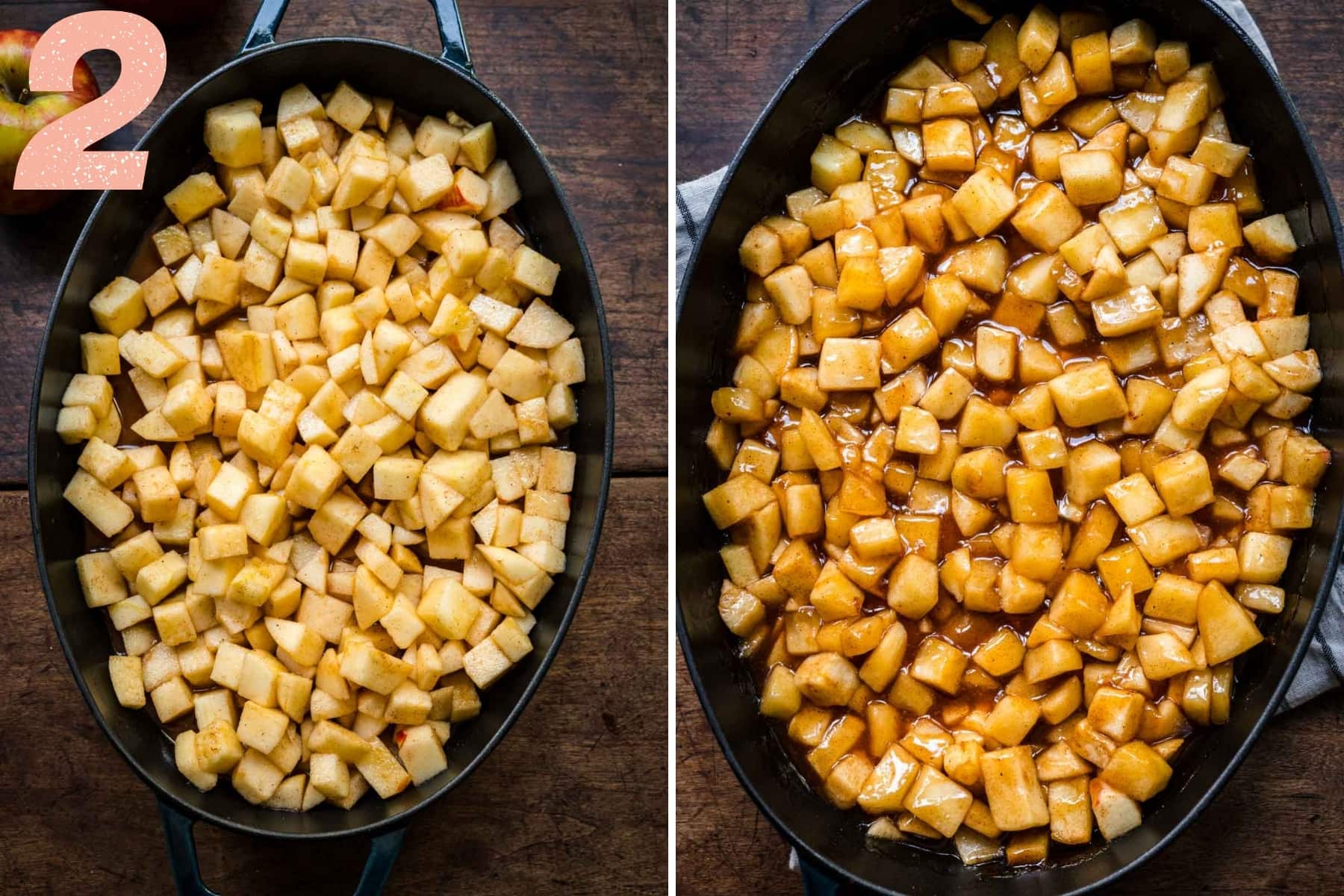 before and after baking cinnamon maple apple filling for crisp in baking dish.