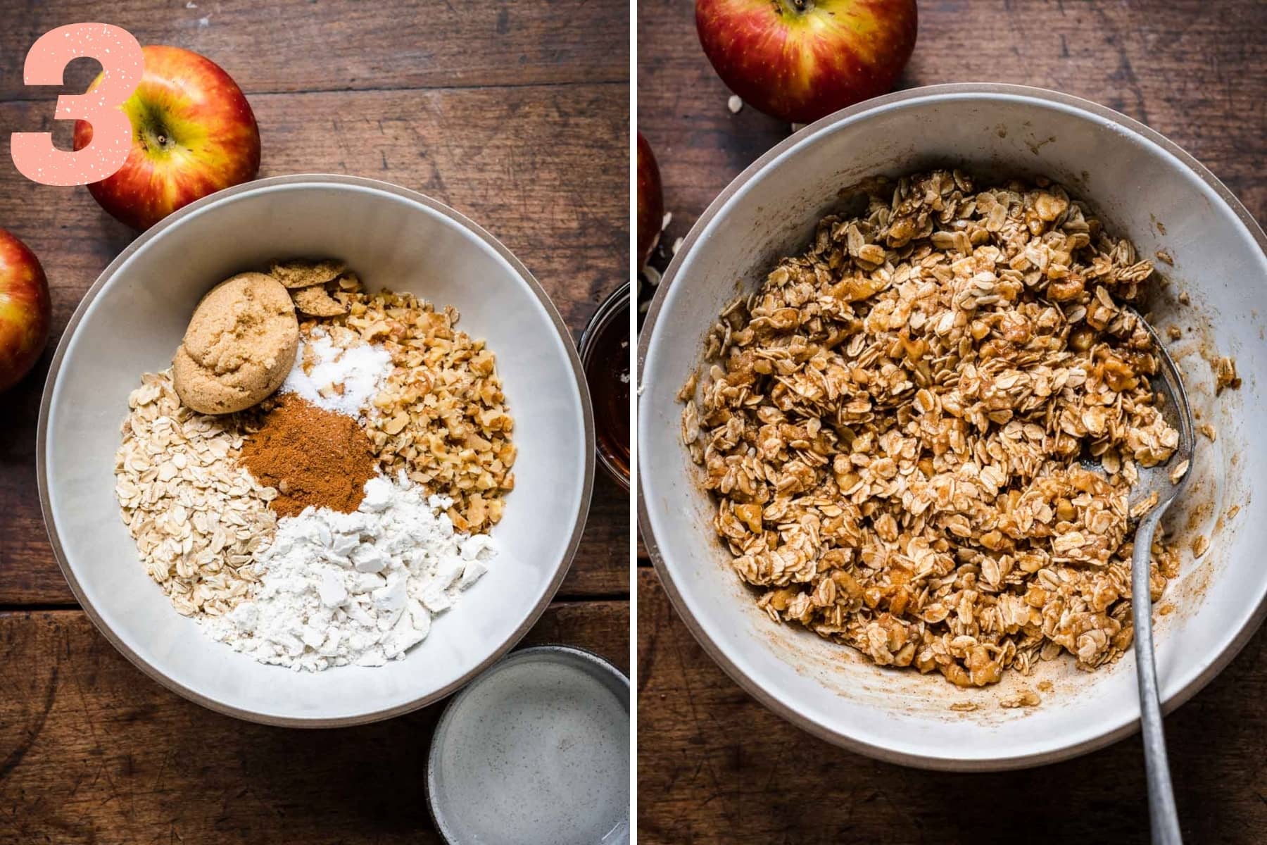 before and after stirring together ingredients for vegan apple crumble topping in mixing bowl. 