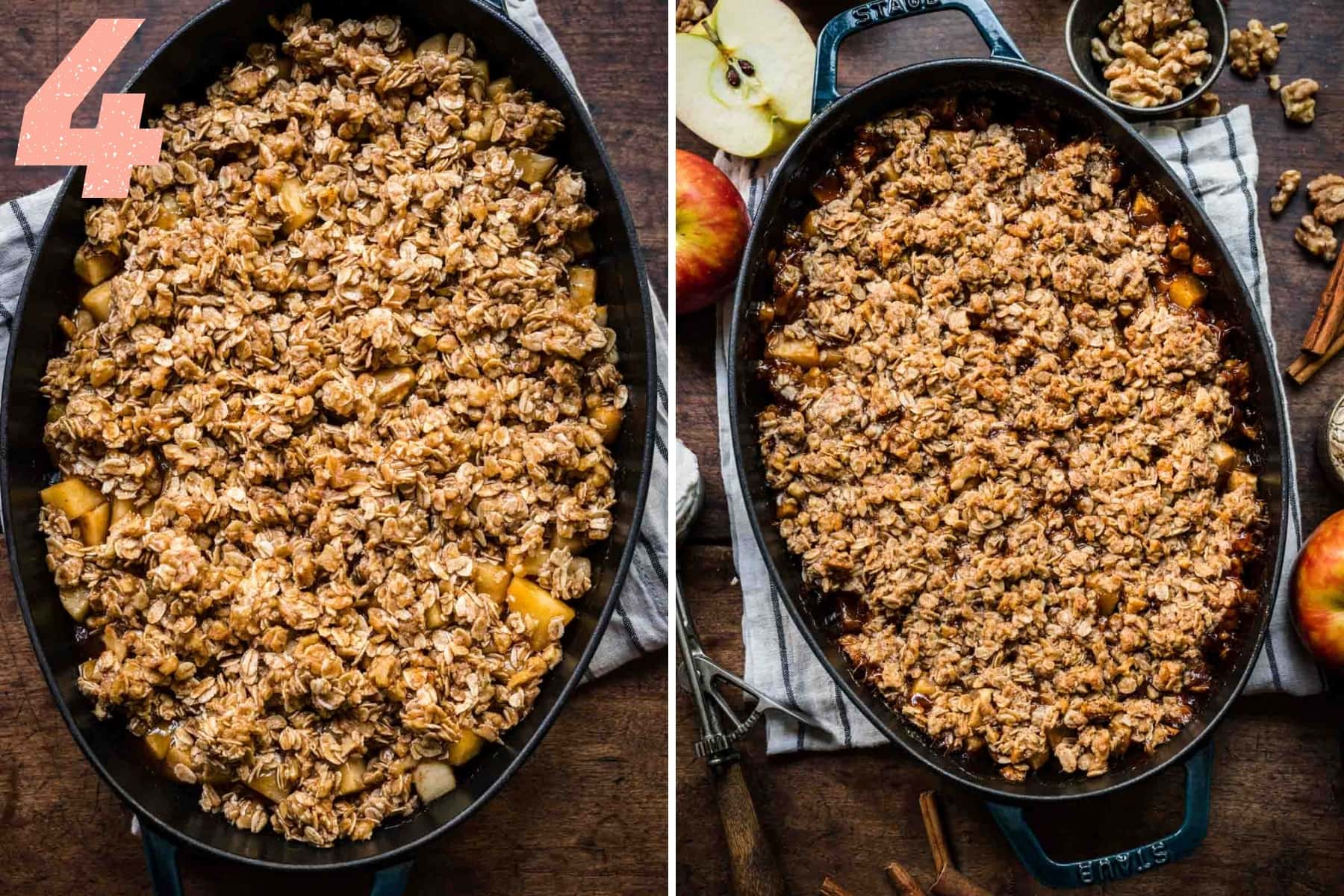 before and after baking gluten free apple crisp in skillet. 