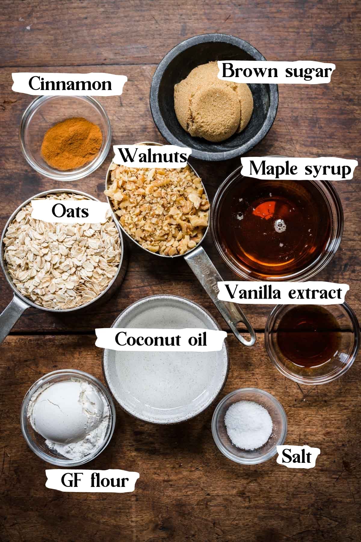 overhead view of ingredients for gluten free apple crisp topping in small prep bowls. 