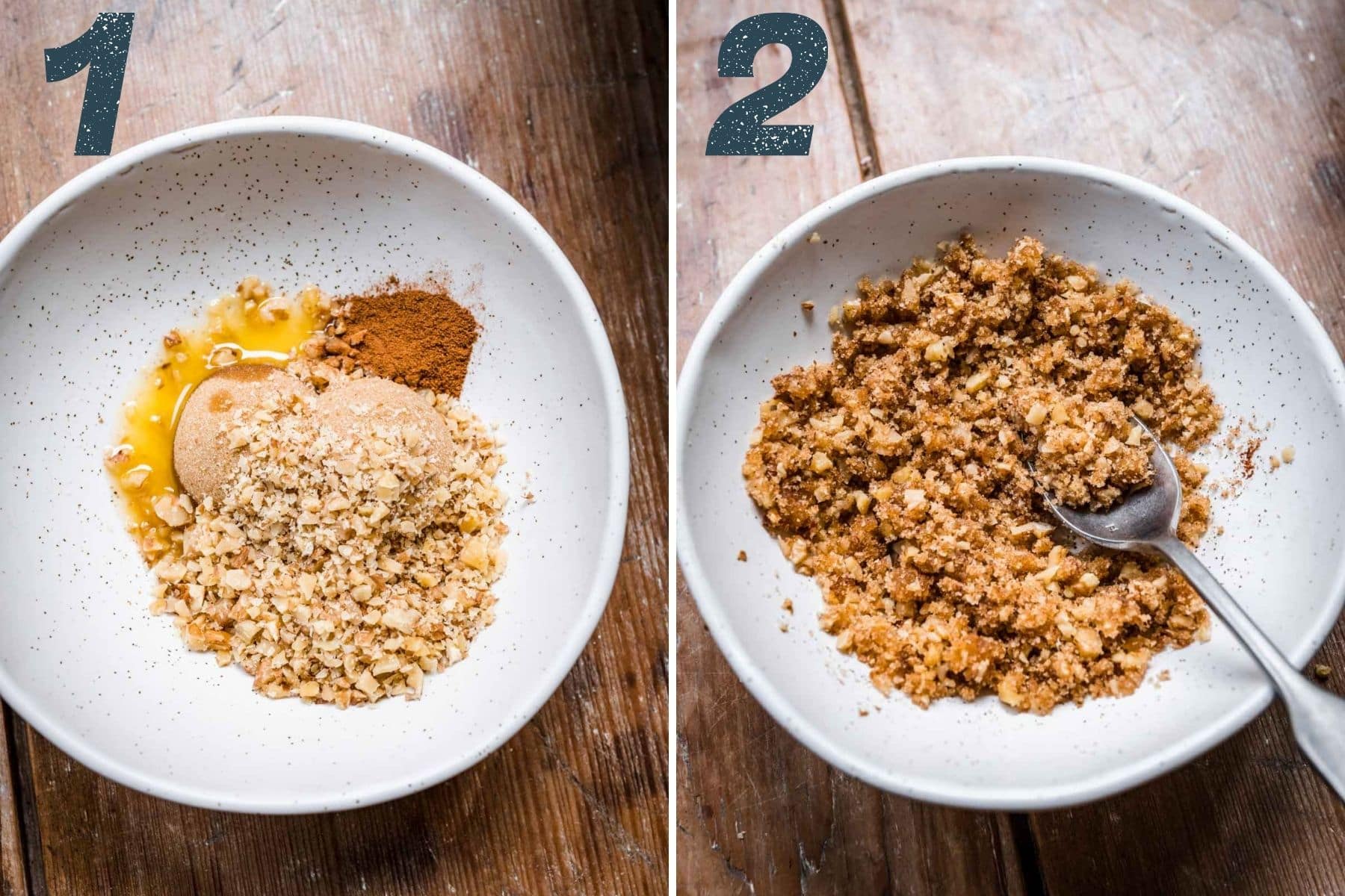 On the left: walnut sugar topping before mixing. On the right: topping after mixing.