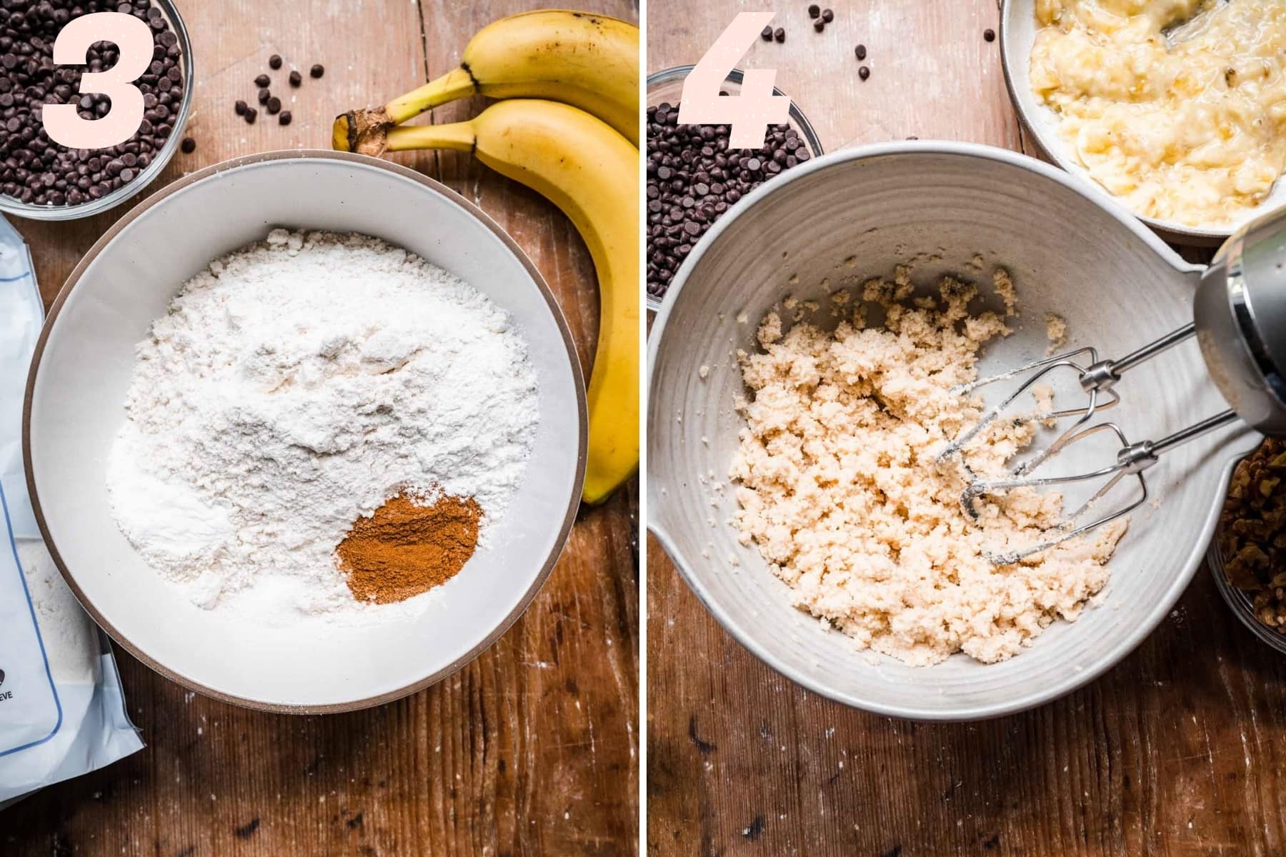 On the left: dry ingredients in a bowl together. On the right: butter and sugar being creamed.